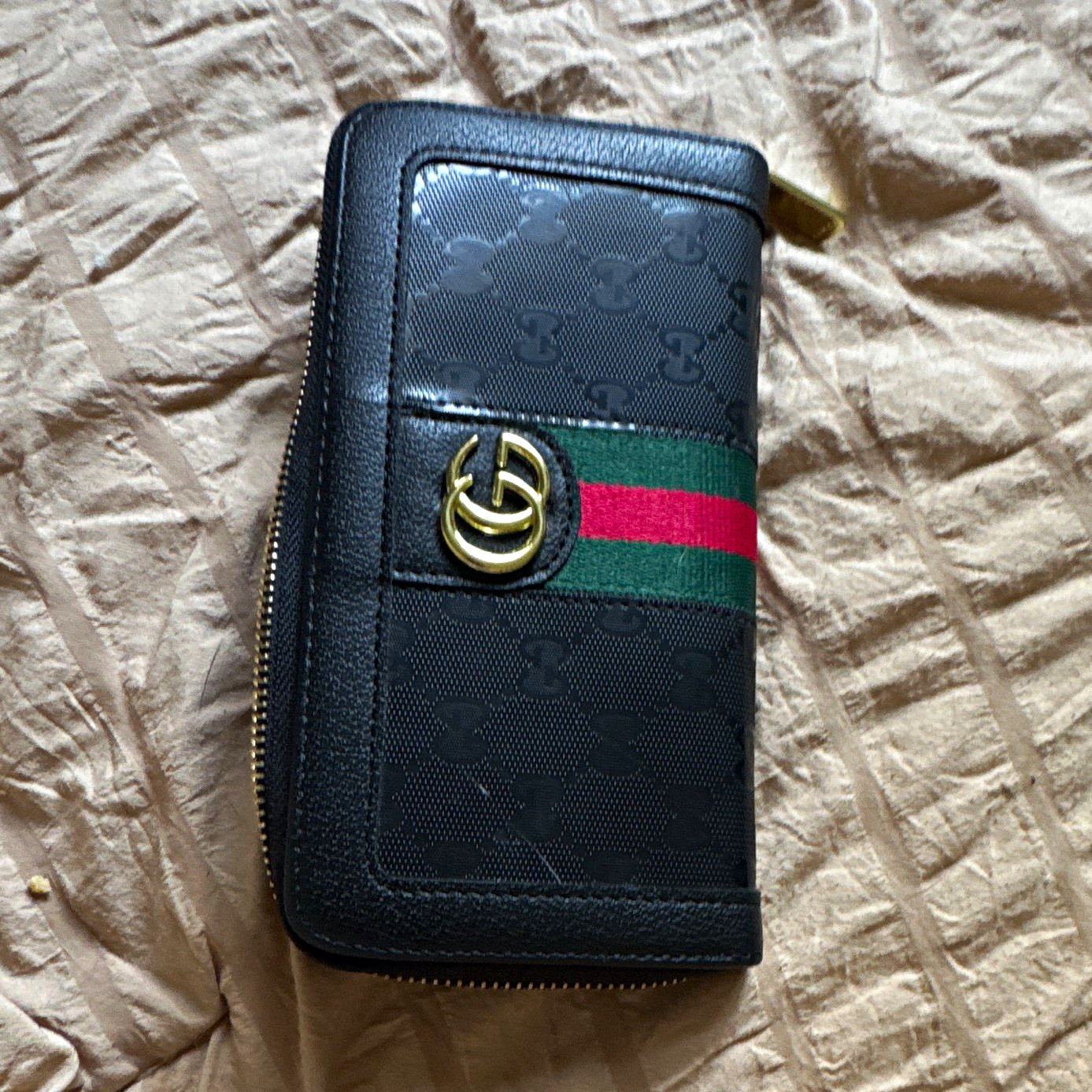 Gucci Women’s Black GG Logo Zip-Around Wallet w/ Web Stripe, Credit Card