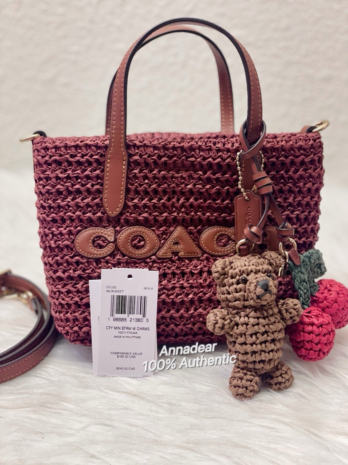 NWT Coach CEU30 City Mini Tote Bag With Charms in straw & Leather Gold/Russet