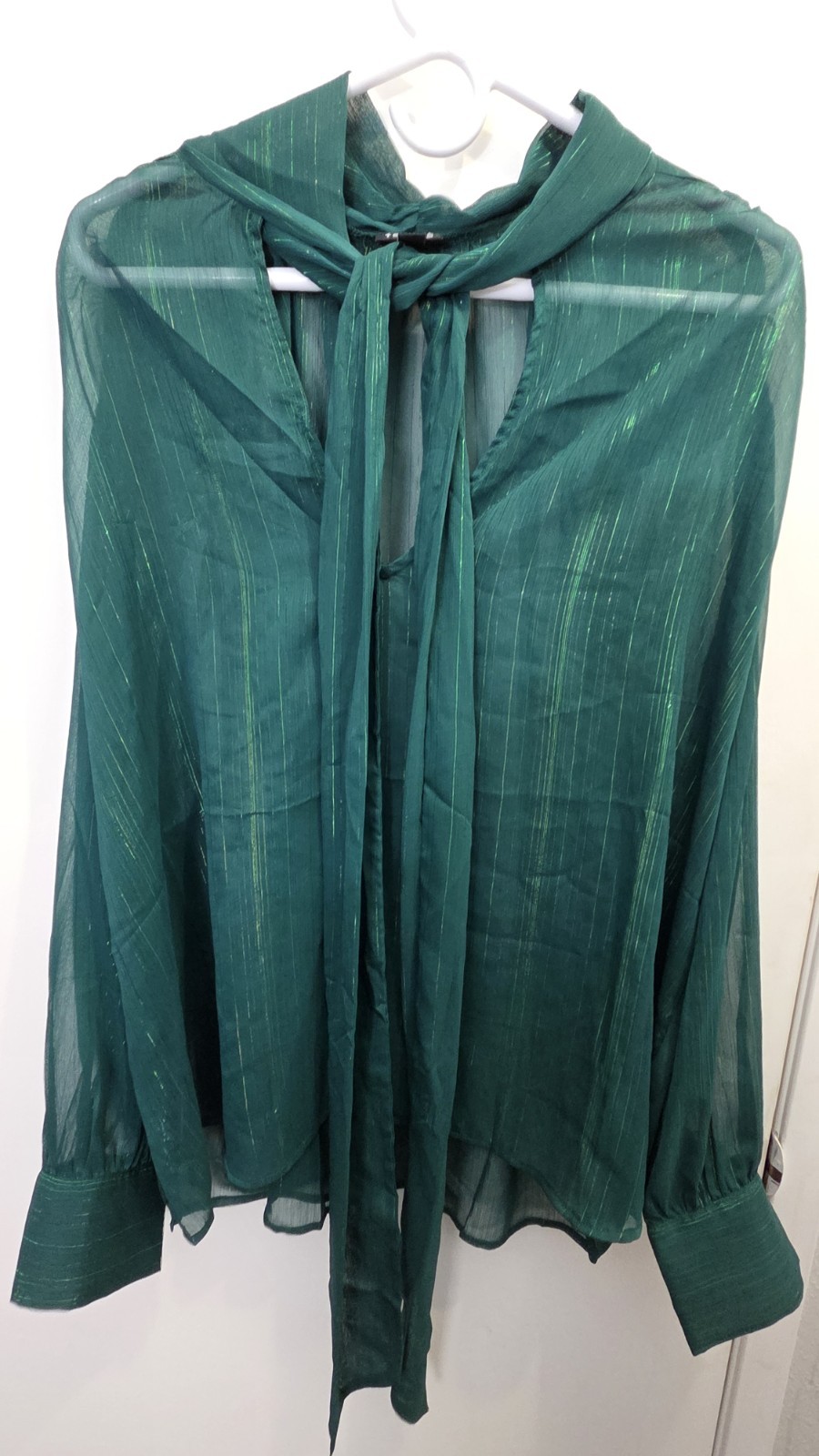 Torrid Green Chiffon Striped Tie Neck Button Cuff Long Sleeve Blouse Plus 1