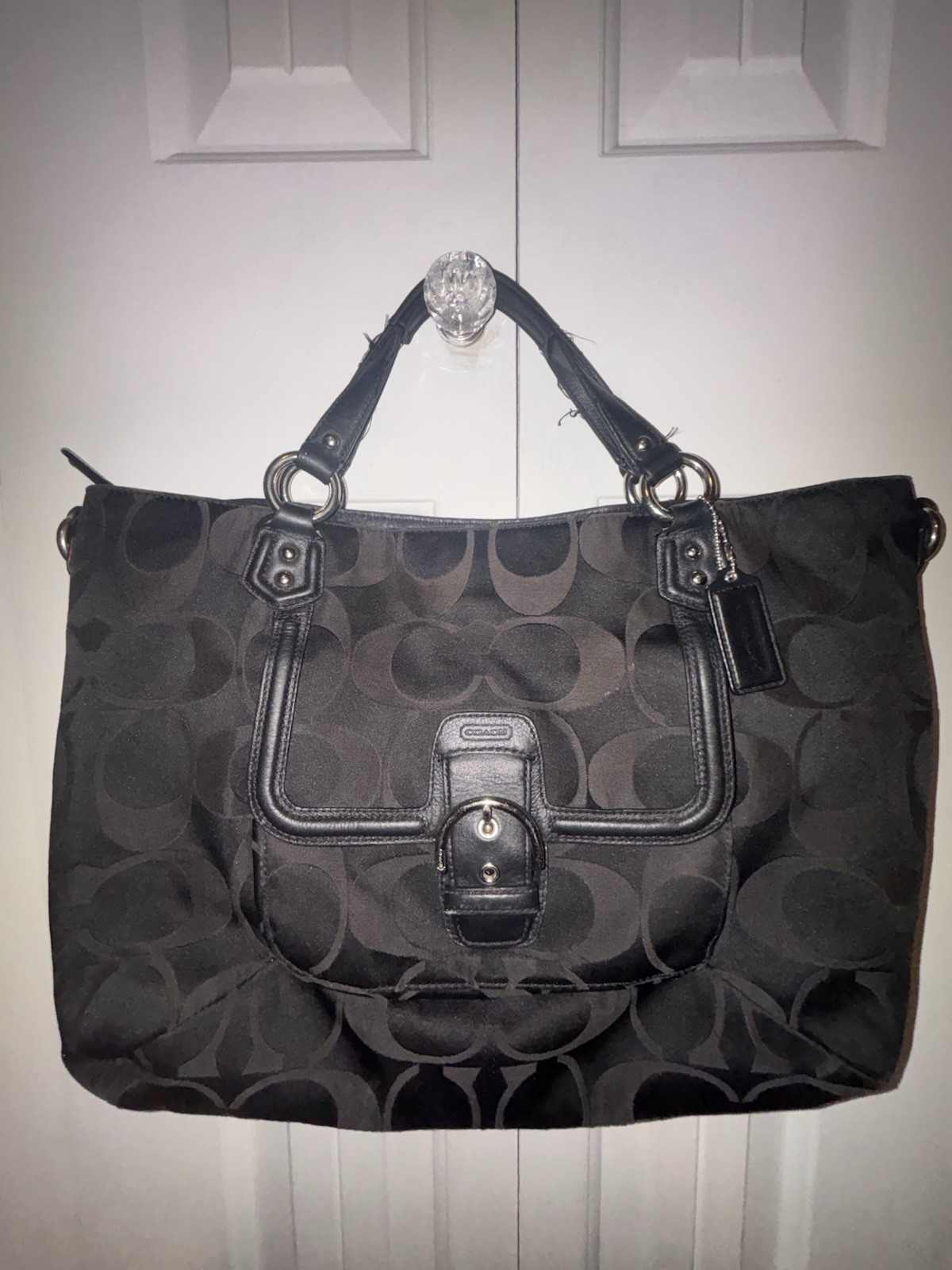 Coach Signature Logo Large Tote Zip Black/Gray, Buckle Pocket, Charm, Silver