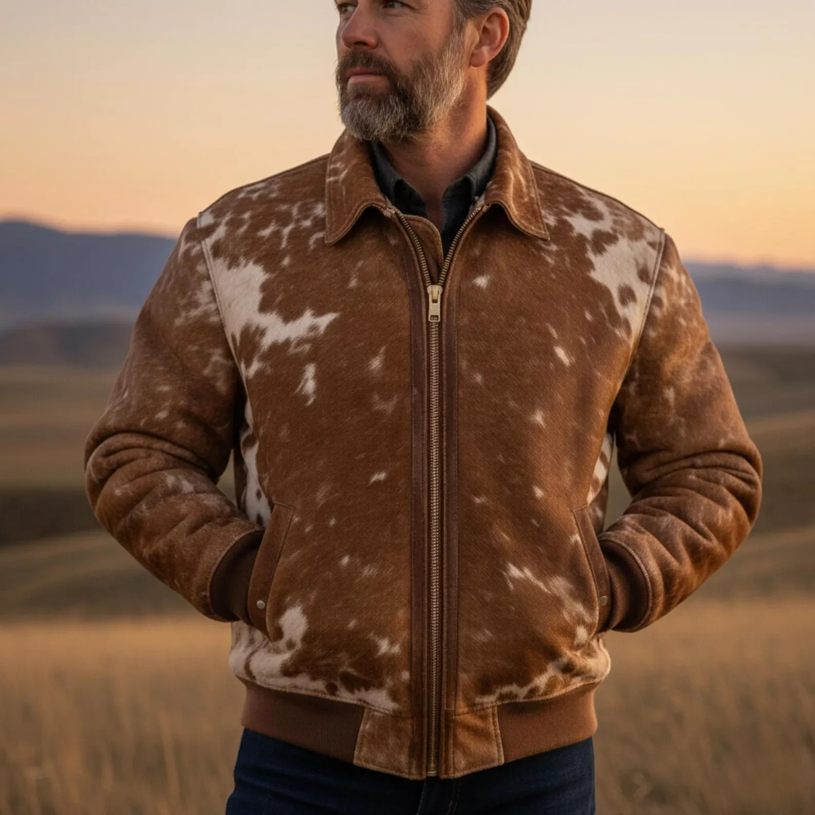 Cowhide Leather Bomber Jacket | Brown & White Hair-On Hide Western Style
