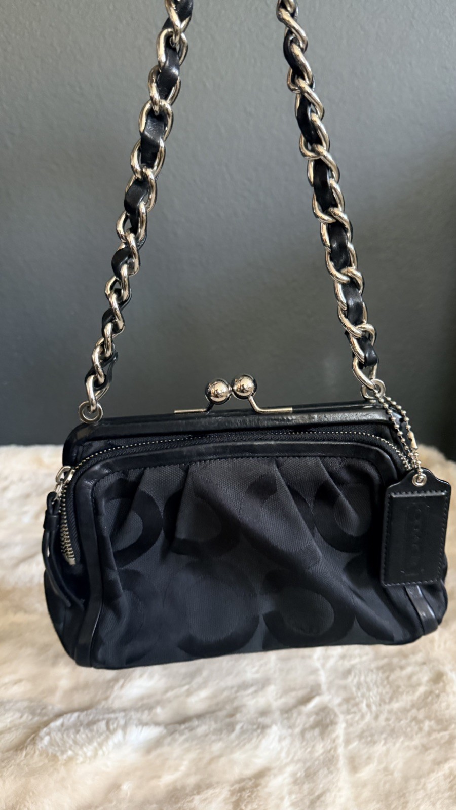 COACH Parker Double Zip Kisslock Black Jacquard Silver Chain Bag Purse 13623