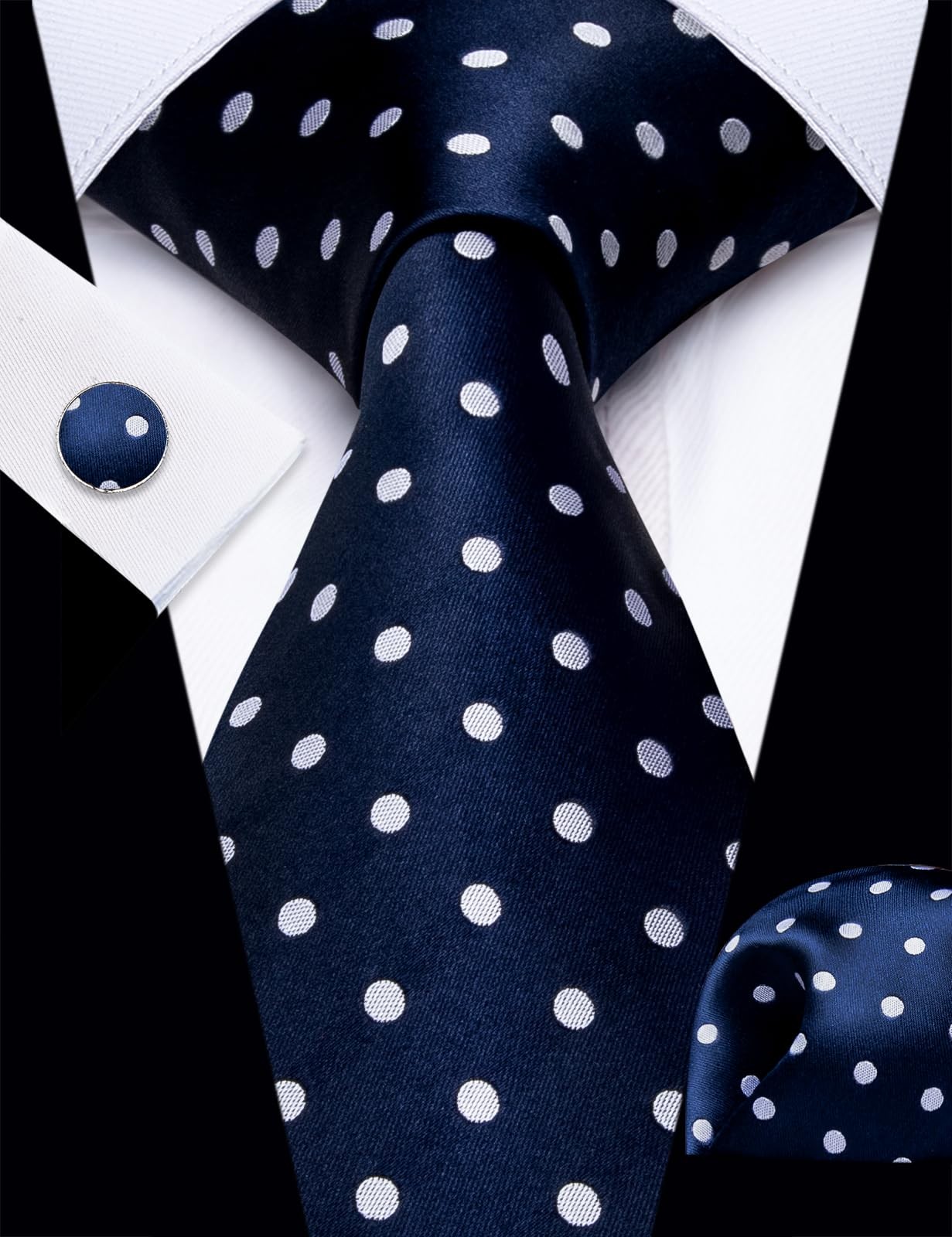 Blue Mens Tie Set Silk Polka Dot Necktie with Lapel Pin Pocket Square Cufflin…