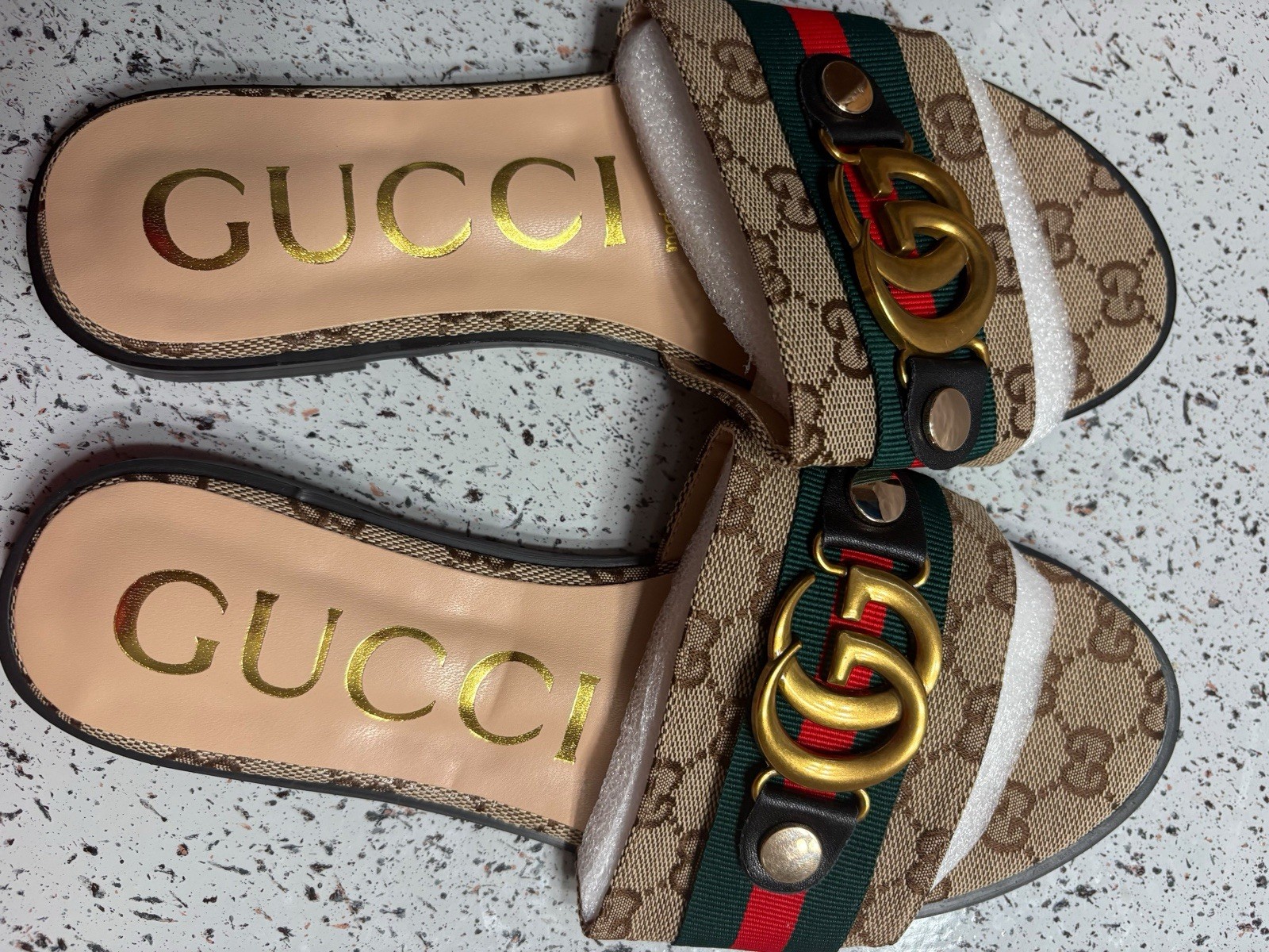 Gucci Men’s GG Monogram Web Stripe Leather Slide Sandals Beige US 6.5