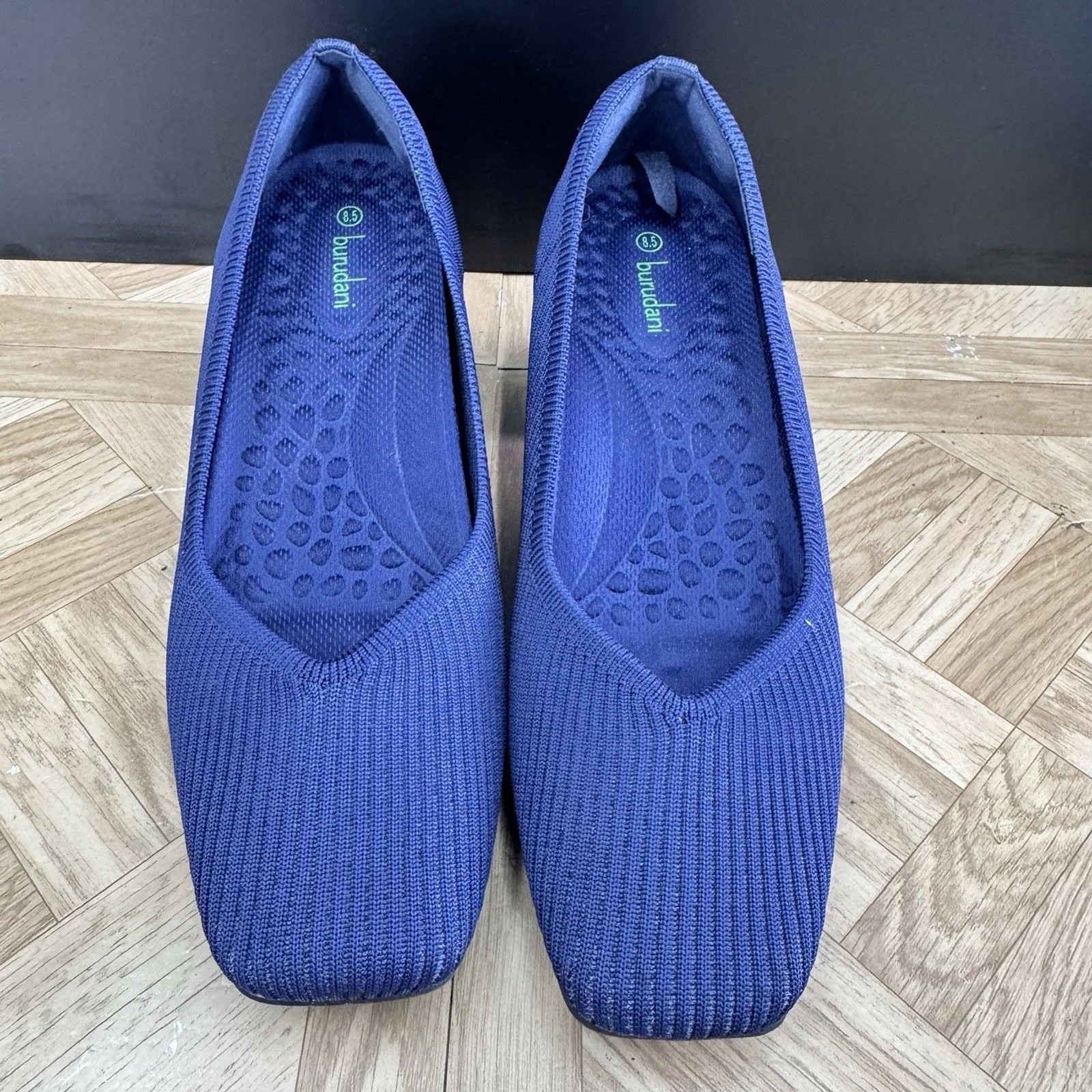 BURUDANI Low Chunky Block Heel Square Toe Knit Blue Pump Shoes Sz 8.5