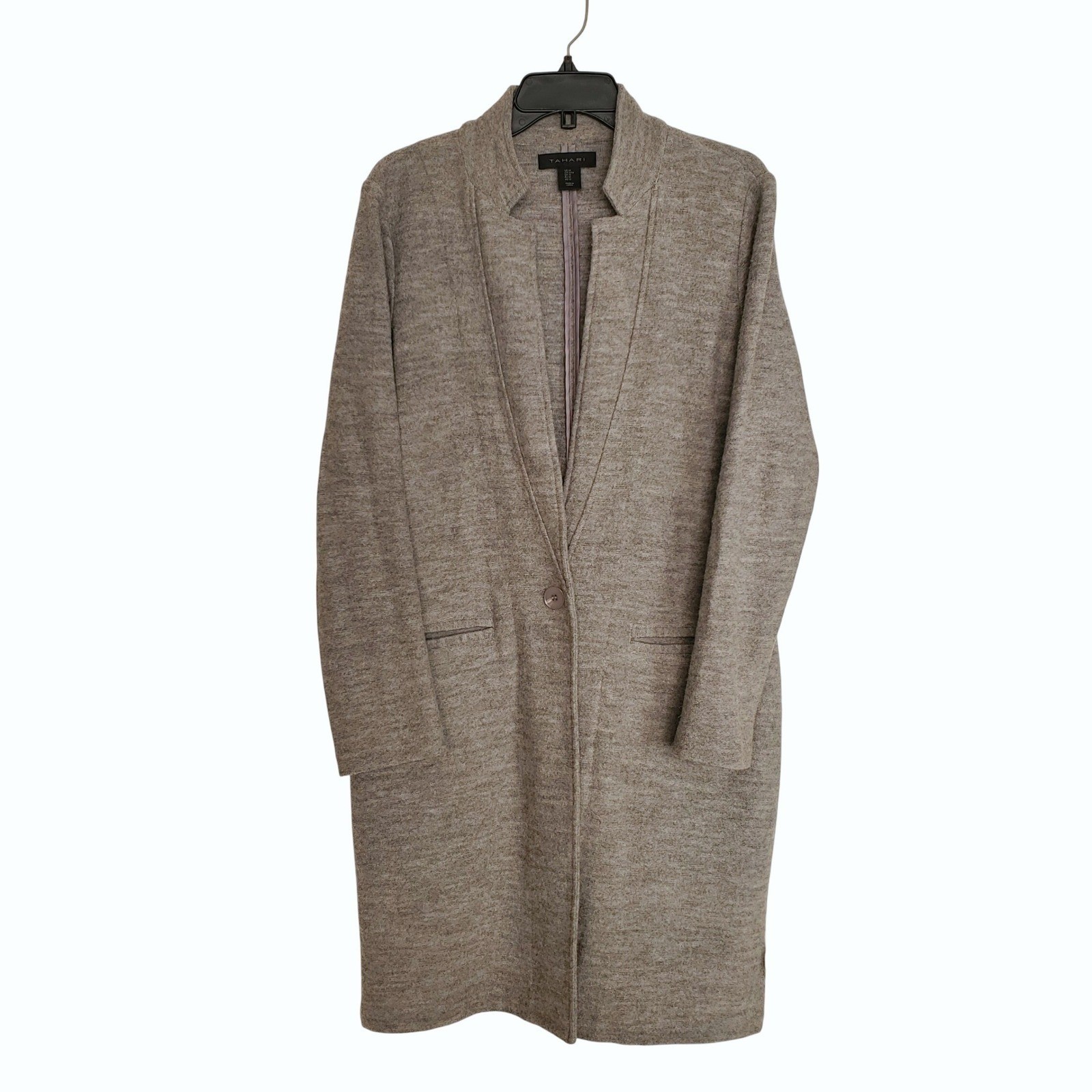 Tahari Gray Wool Blend Long Blazer Jacket Tailored Polished Minimalist Chic Med