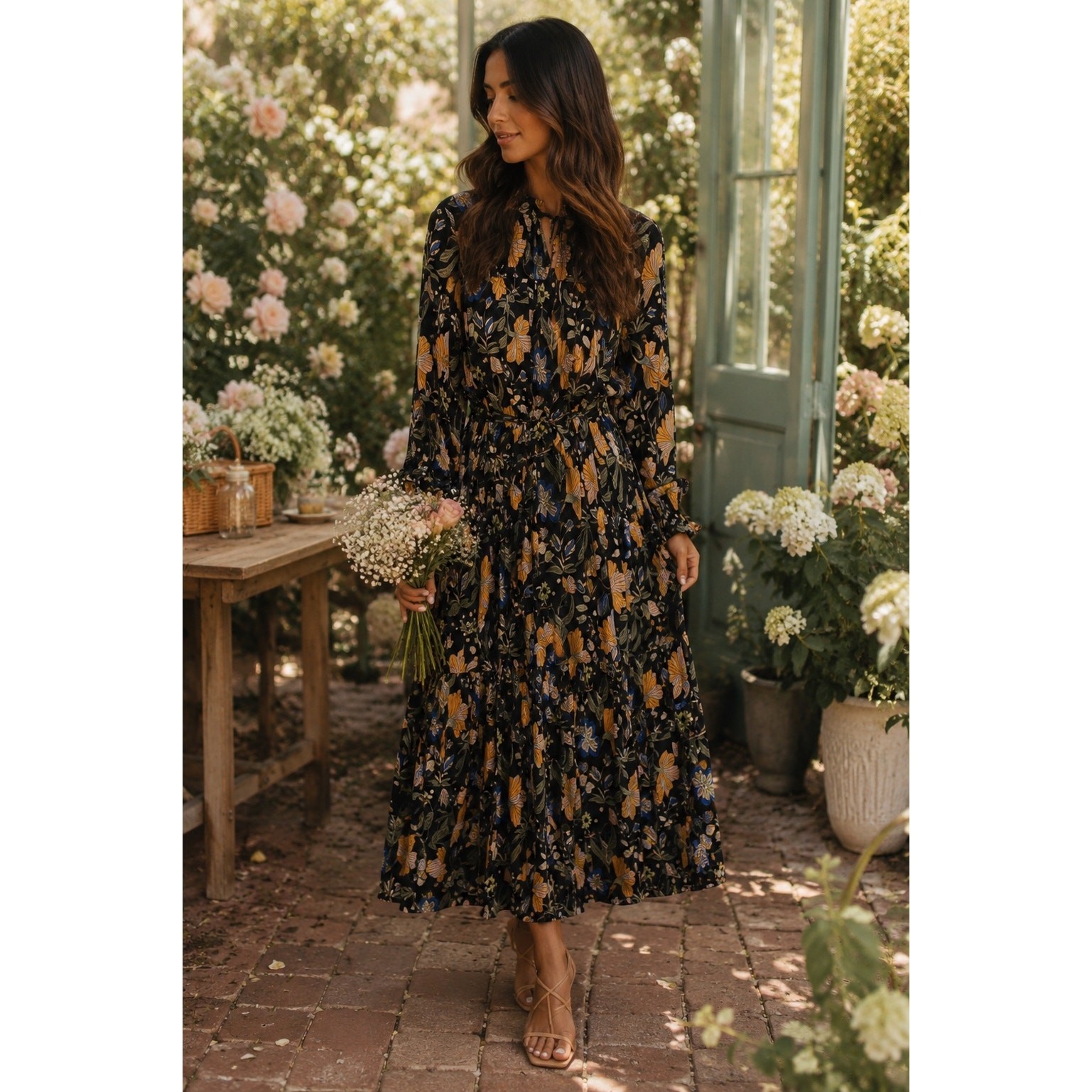 Olivia James The Label Black Floral Long Sleeve Maxi Dress Size Small