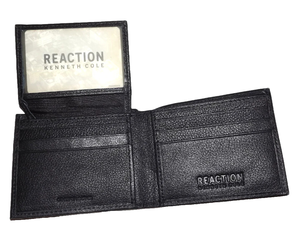 New Men’s Kenneth Cole Reaction Leather Bifold Wallet w/ID + 8 Card Slots, Black