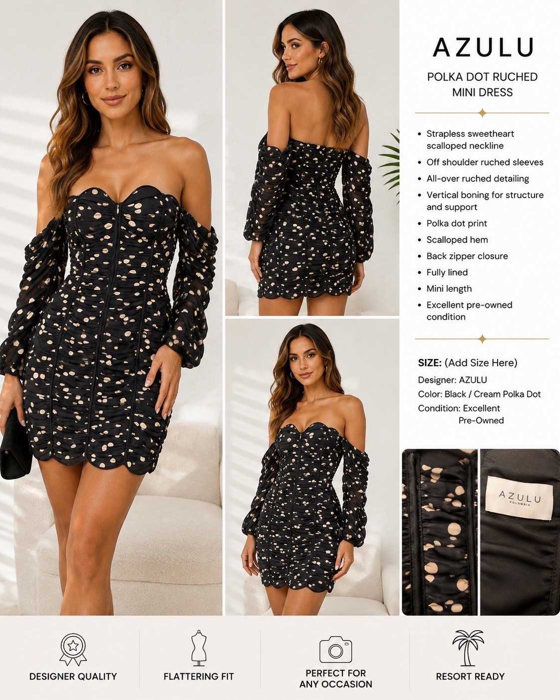 AZULU Black Cream Polka Dot Ruched Mesh Off Shoulder Lined Mini Dress S