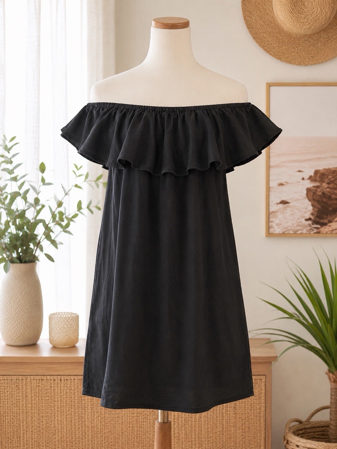 Zara Black Off-Shoulder Ruffle Shift Dress Short Sleeve Short Size Medium