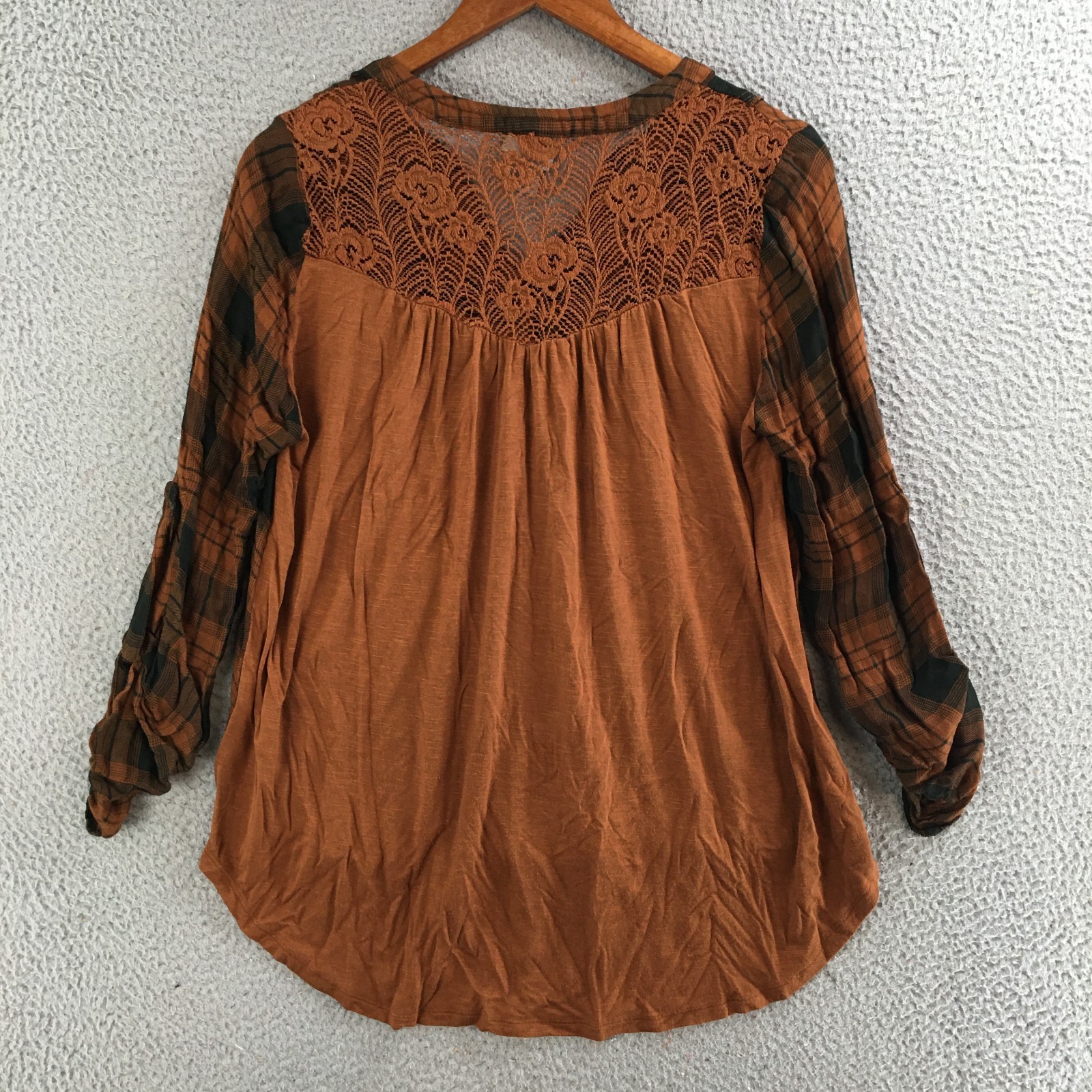 Knox Rose Plaid Button Up Shirt Womens M Lace Hi-Low Back Roll Tab Sleeve Brown