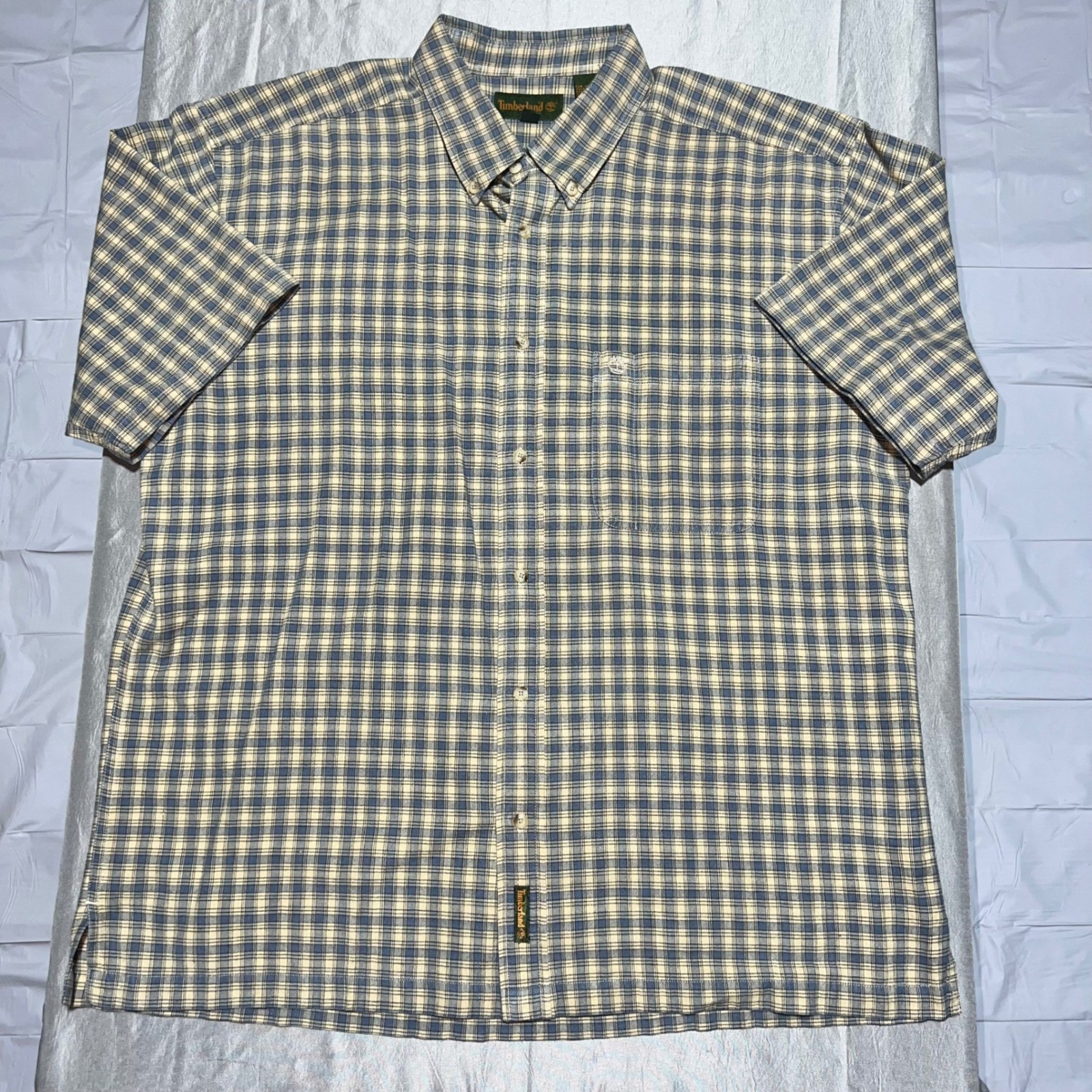 Timberland Mens XL Short Sleeve Button Down Shirt Blue Plaid Cotton Casual Logo