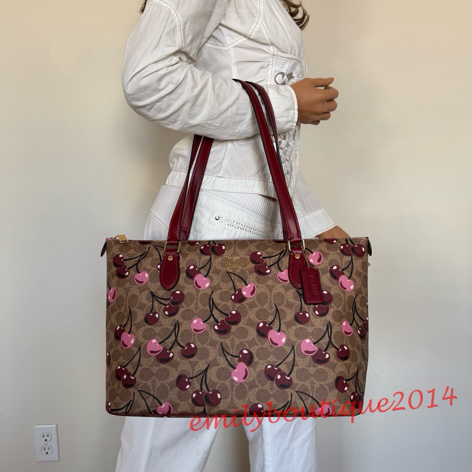 NWT Coach CAA71 Gallery Tote Bag In Signature Canvas & Cherry Print Zip Wristlet