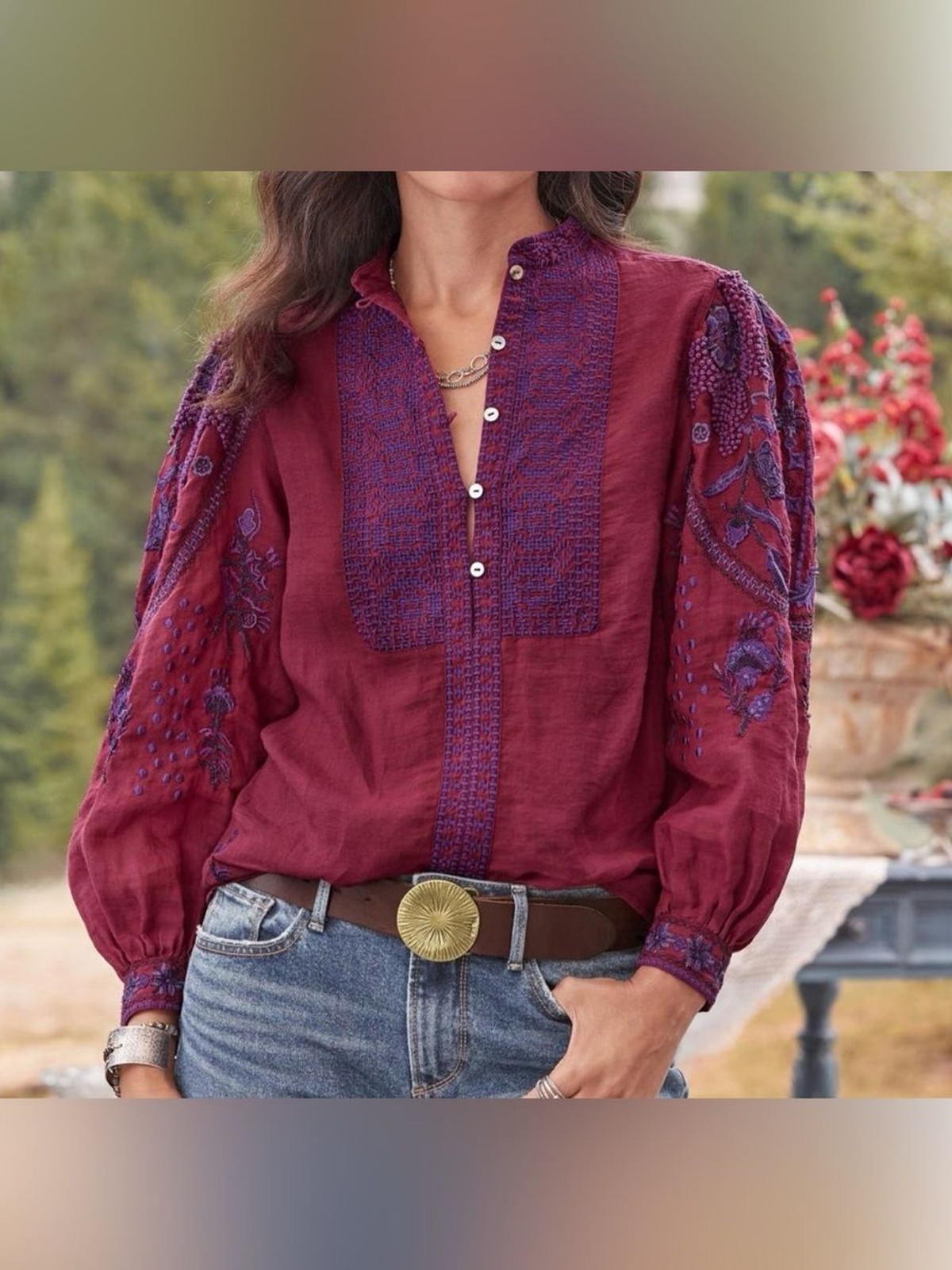 Sundance Embroidered Peasant Blouse – Wine with Purple Detail