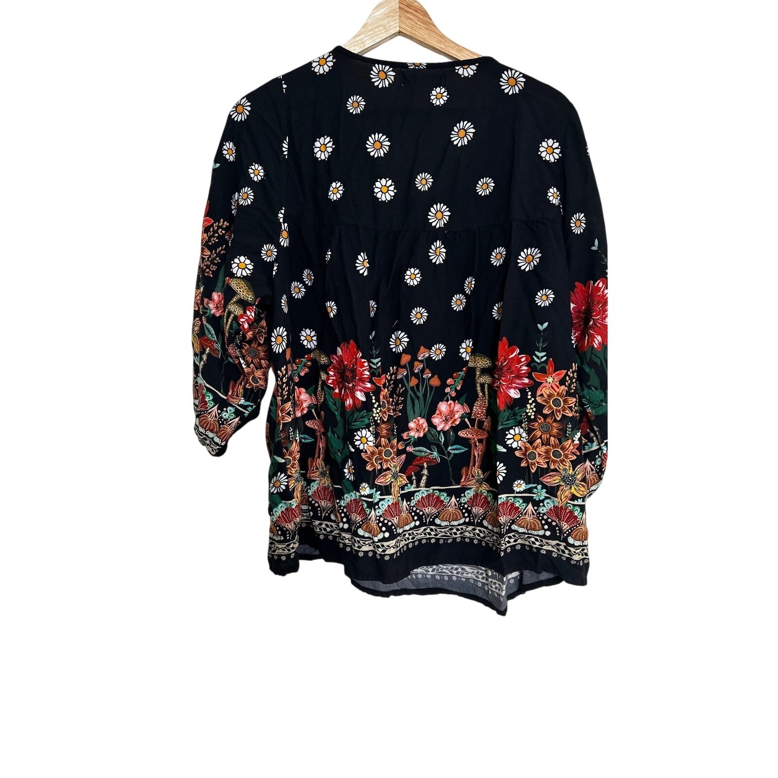 Natural Life Blouse Womens Large Black Floral Boho Peasant Top Long Sleeve