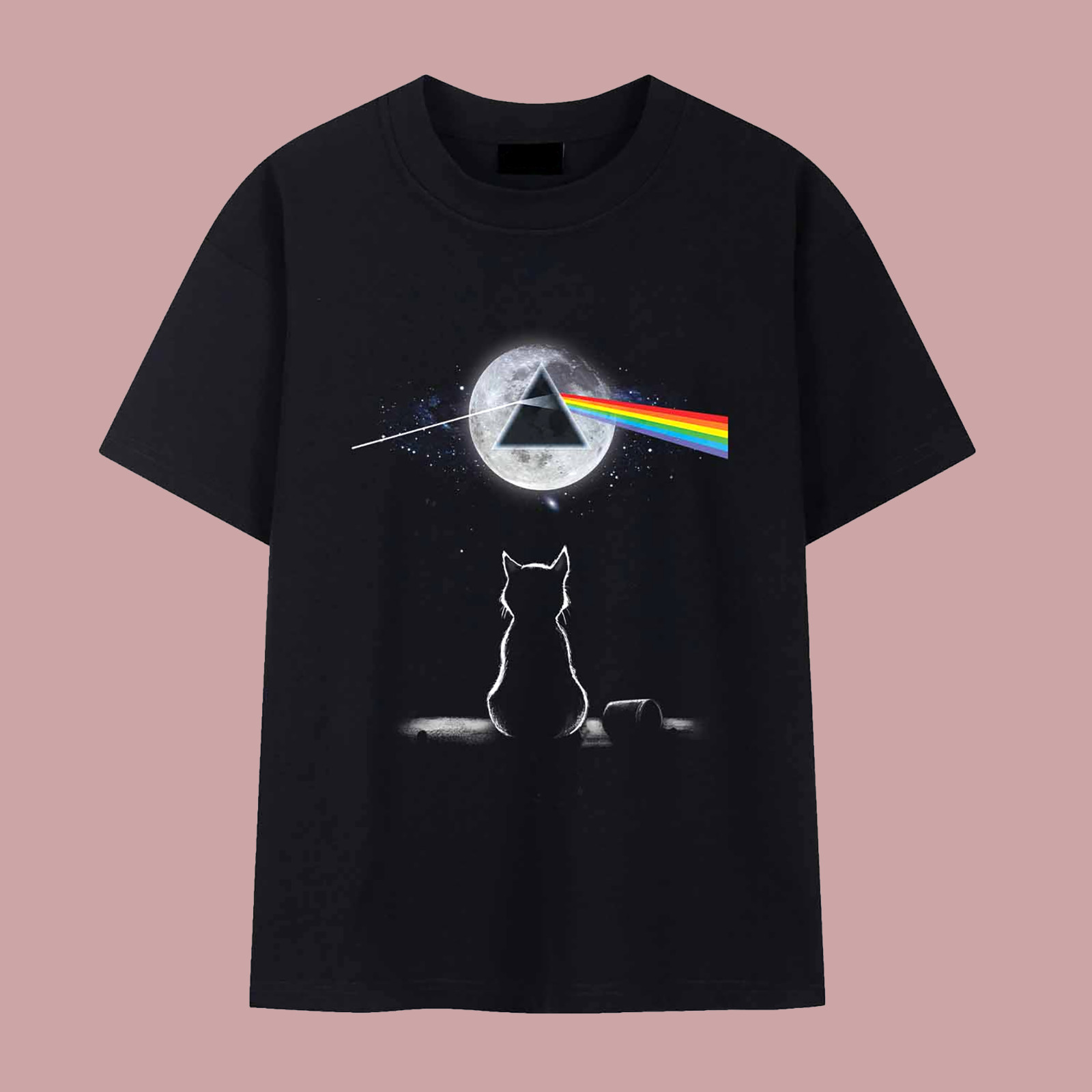 Pink Floyd Cat Looking The Dark Side Of The Moon Black Unisex T-shirt Size S-5XL