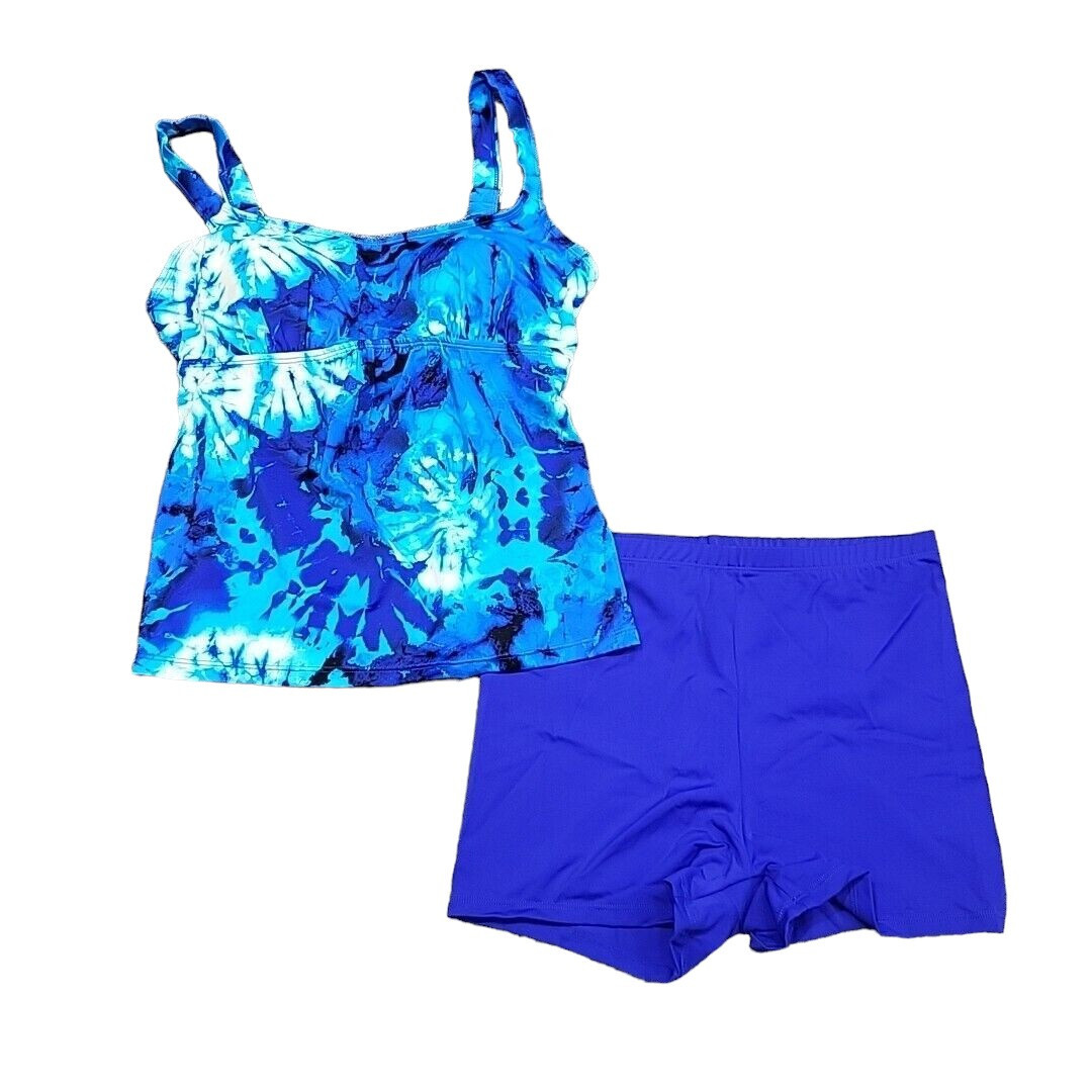 Kim Gravel x Swimsuits For All Printed Tankini Set w Bike Shorts Size 8 Blue