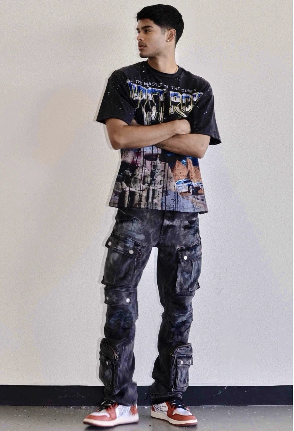 Men’s Distressed Cargo Paint Splatter Zipper Pocket Jeans Pants Stretch Black 34