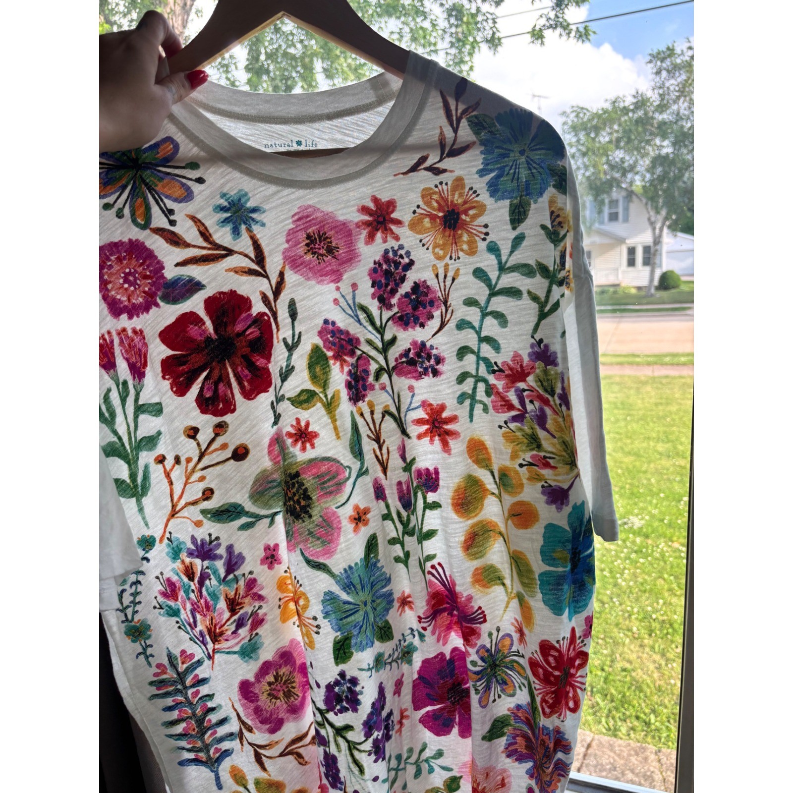 Natural Life Floral Graphic Tee Oversized White Slub Cotton Boho Shirt One Size