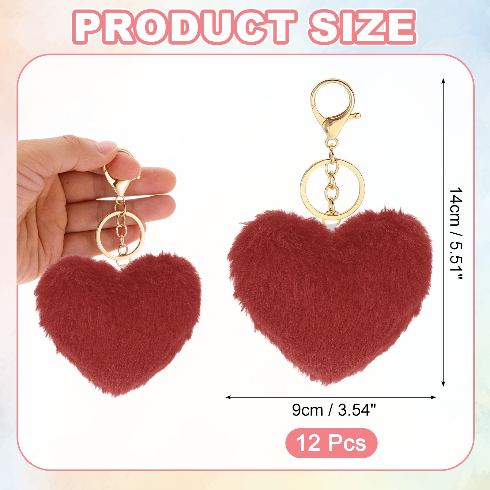 Heart Pom Pom Keychain 12Pcs Faux Fur Fluffy Keyring Burgundy(Gold Buckle)