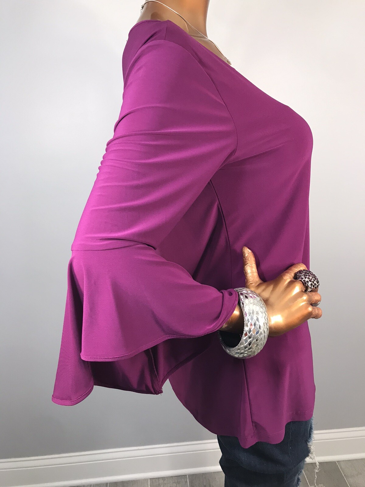 Women in Control M Top Stretch Soft Dark Magenta 3/4 Bell Sleeves Blouse Tunic