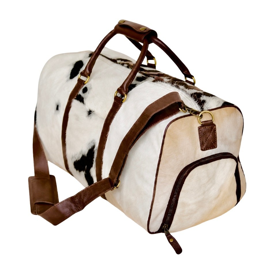 Cowhide Leather Hair On Duffel Weekender Luggage Bag Travel Overnight Gym Bag