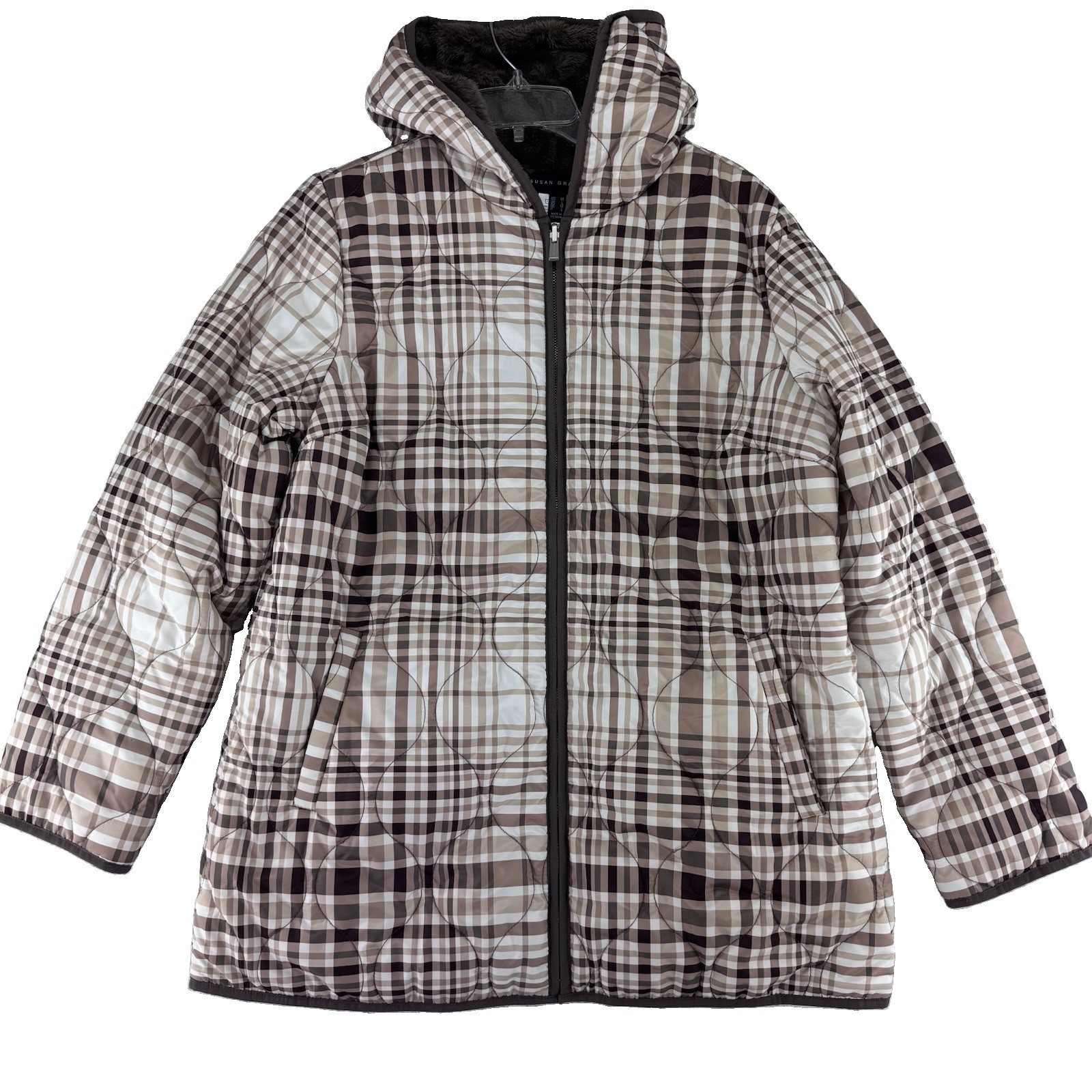 Susan Graver Reversible Quilted Woven Plush Fleece Jacket Coat Medium Plaid