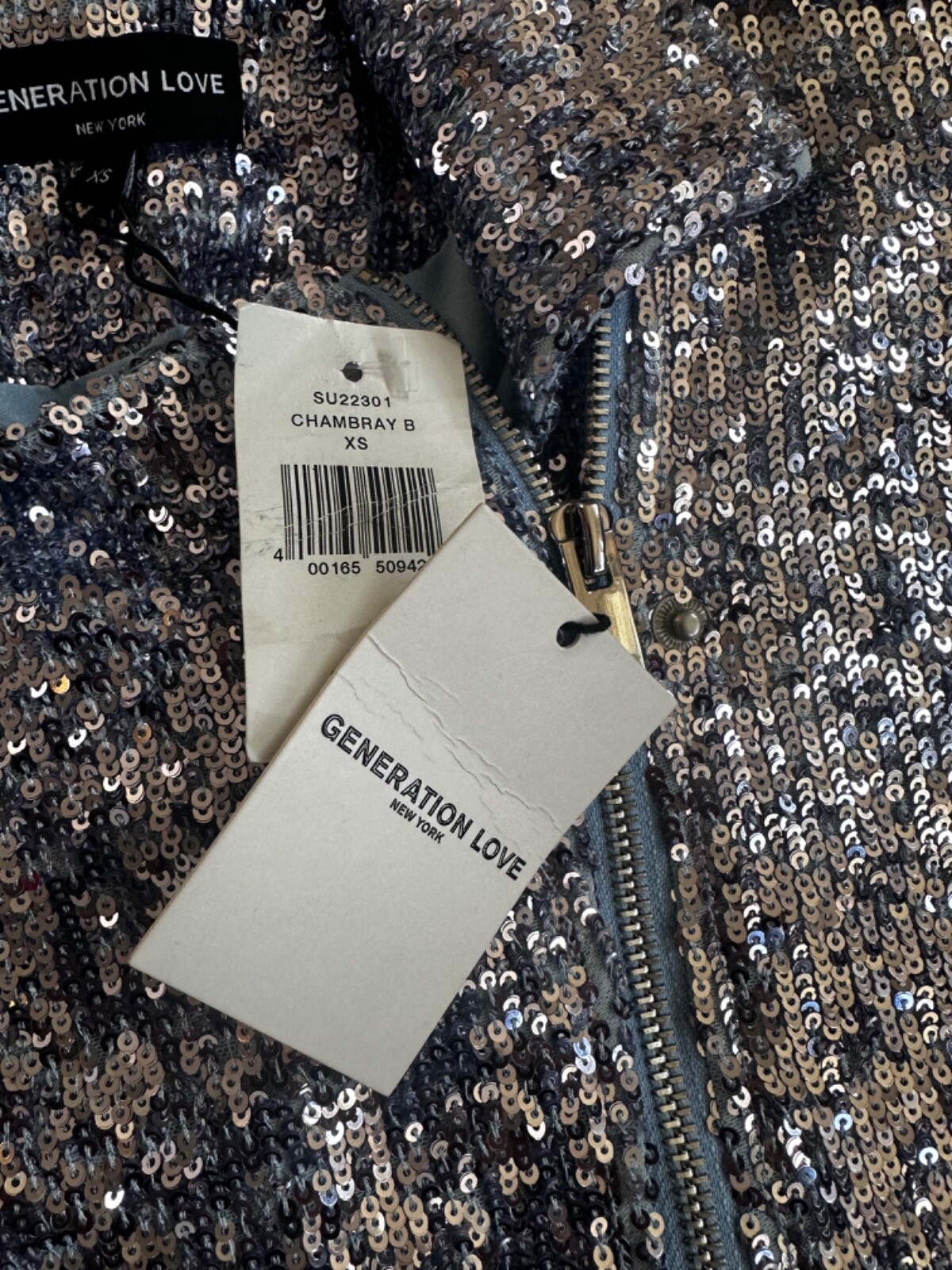 Generation Love Robin Sequin Moto Jacket Long Sleeves Cropped Silver Blue Sz XS