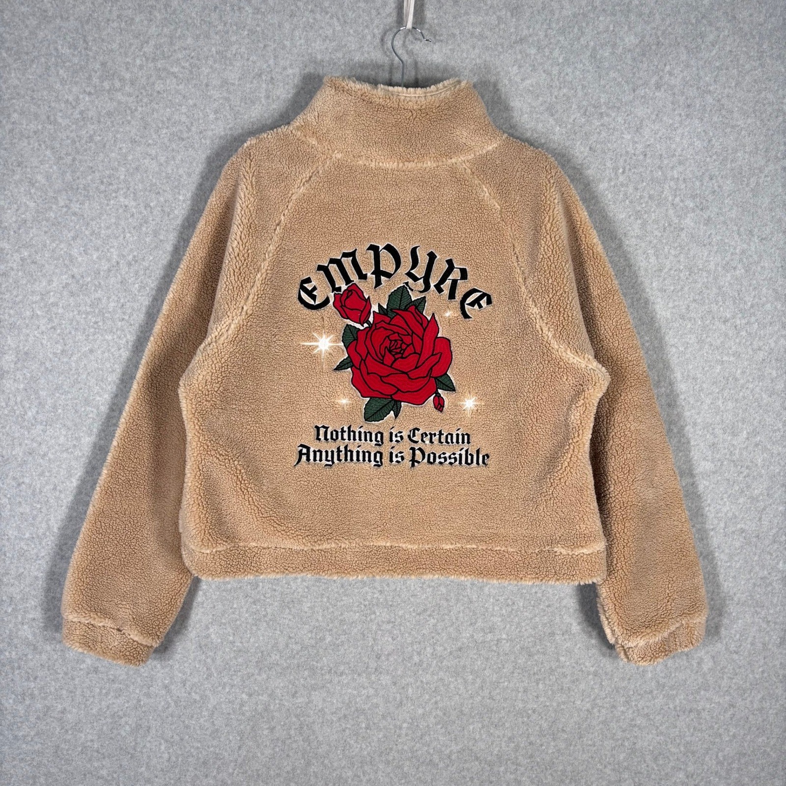 Empyre Sherpa Teddy Pullover Large Rose Embroidered Emma Chamberlain Cozy Grunge
