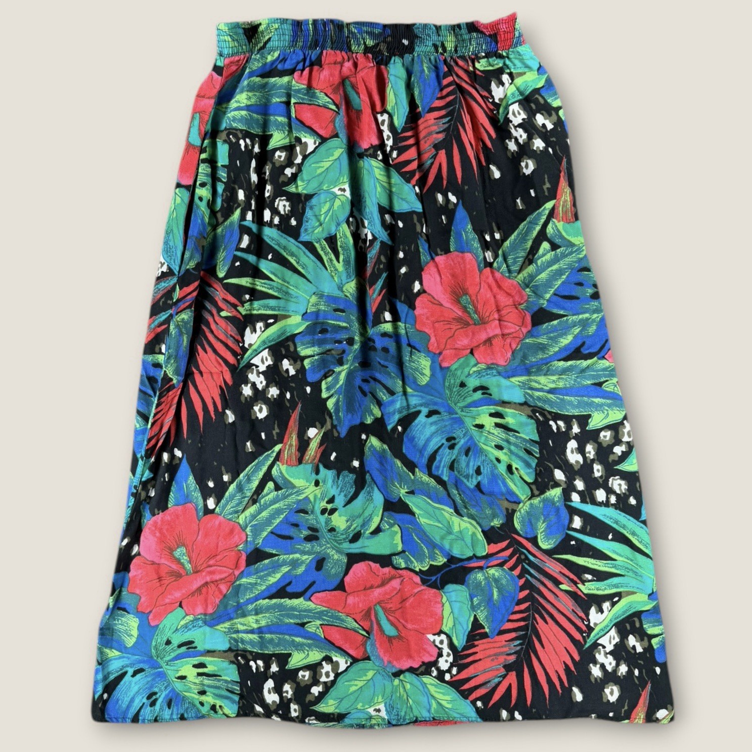 Vintage 90s Michele Leslie Tropical Floral Leopard Midi Skirt M Rayon Made USA