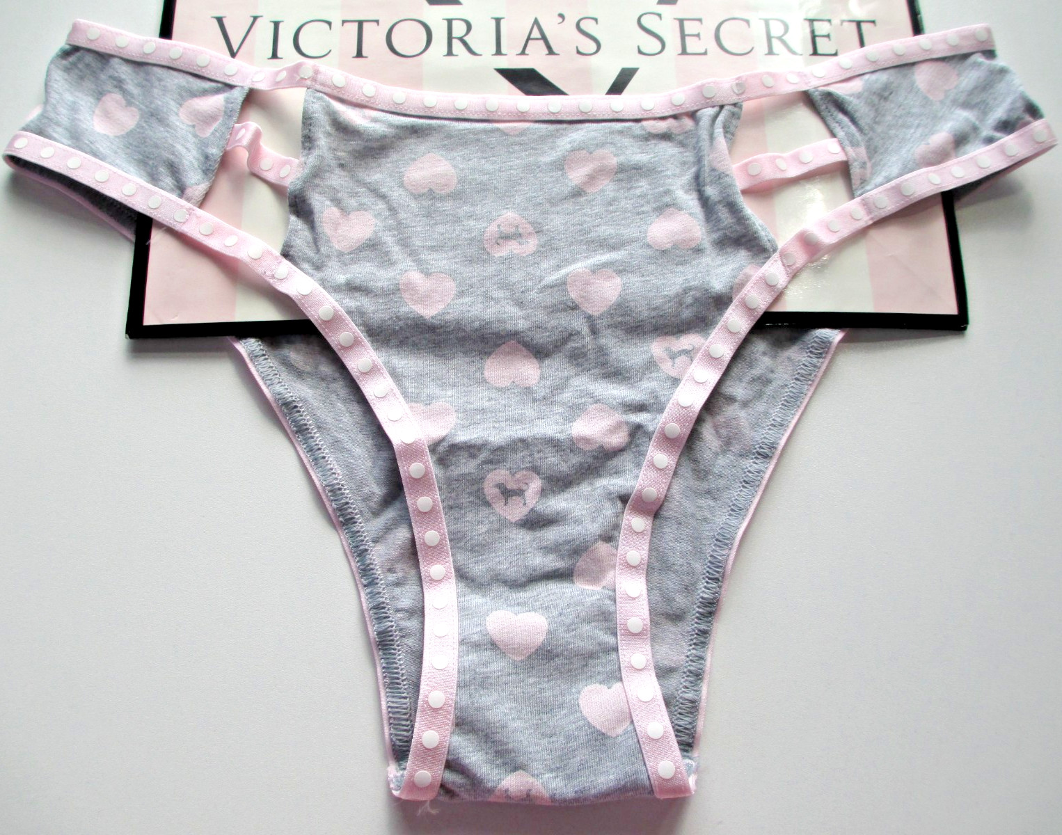 VICTORIA’S SECRET PINK Cotton Cheeky Panty S M L Gray VS Strappy Polka Dot Heart