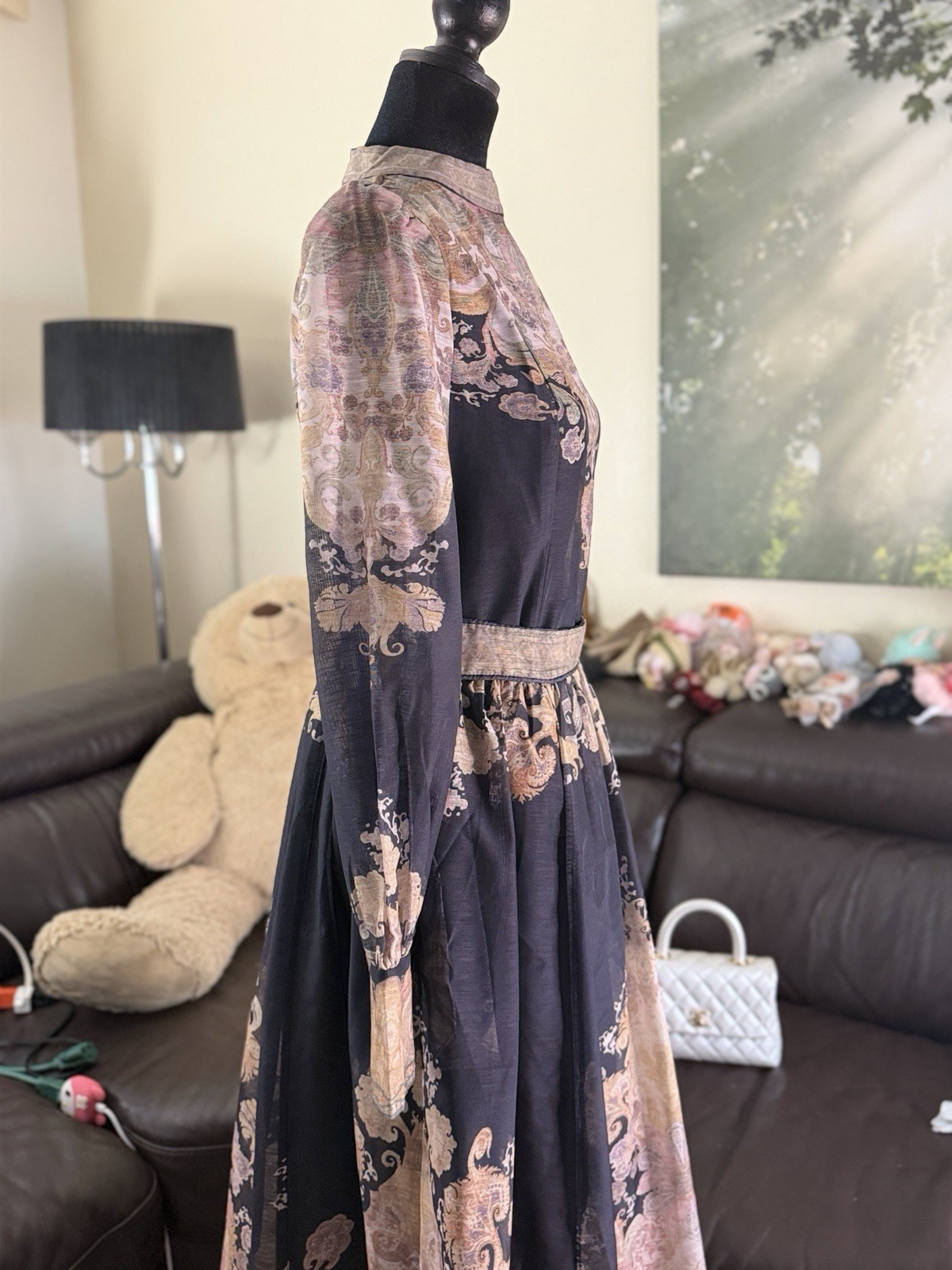 Women’s 2 piece set Black Beige Paisley Chiffon Maxi Dress High Neck Puff Sleeve