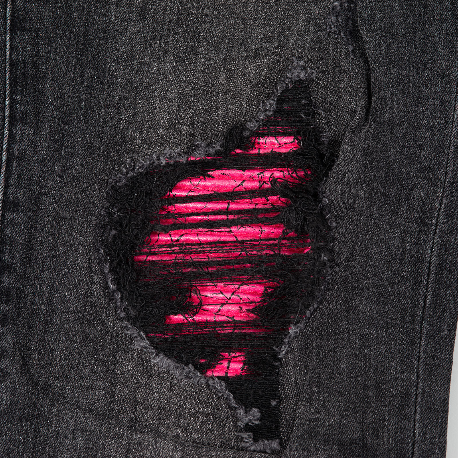 Men’s Black Skinny Stretch Jeans with Pink Patchwork Rips, Raw Hem, Button Waist