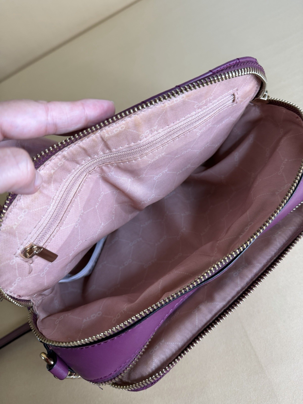 ALDO Purple Quilted Crossbody Bag Double Zip Tassel Gold Tone Hardware