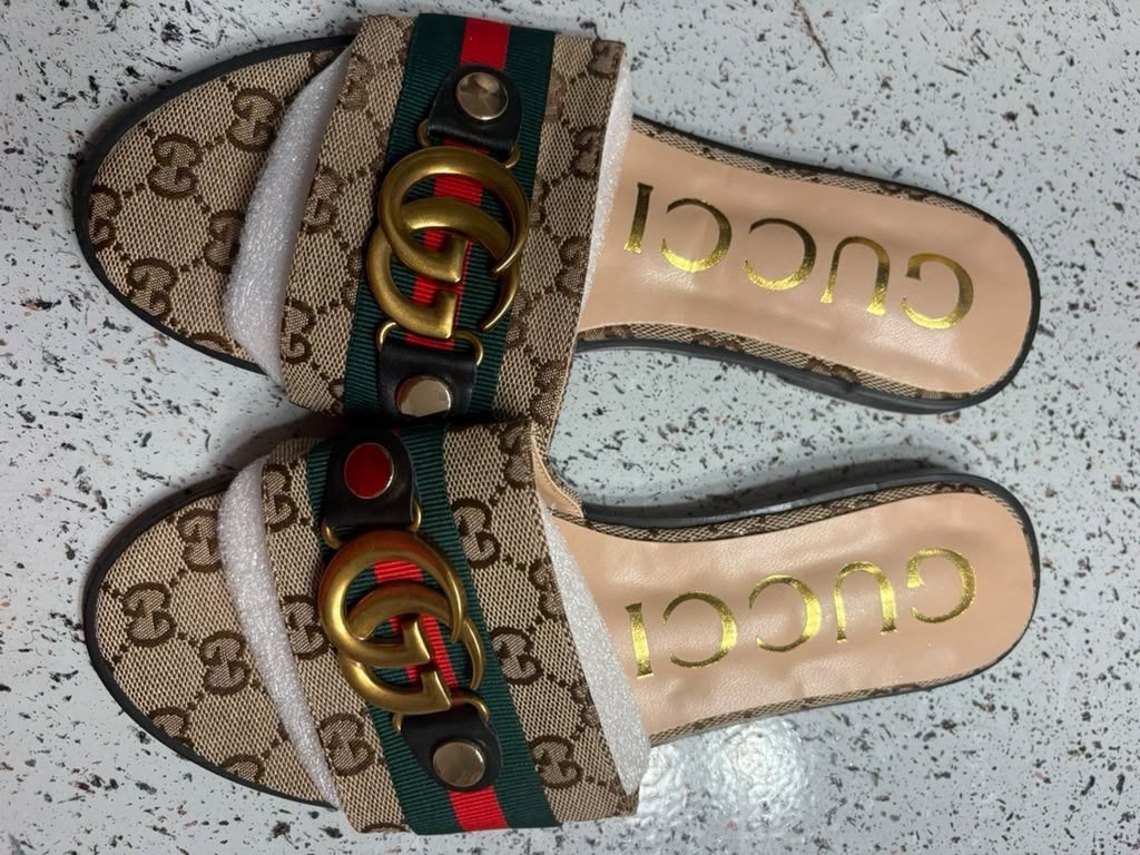 Gucci Women’s Beige Leather GG Monogram Web Stripe Logo Slide Sandals 5.5
