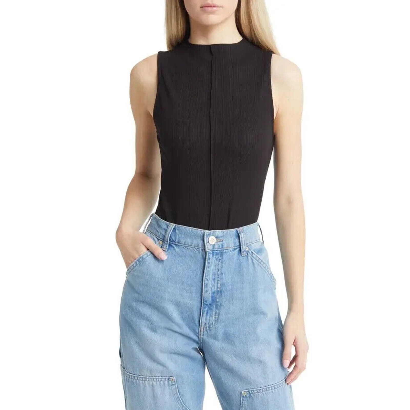 BP Womens Front Seam Bodysuit Small Black Ribbed Knit Sleeveless Funnel Neck Top