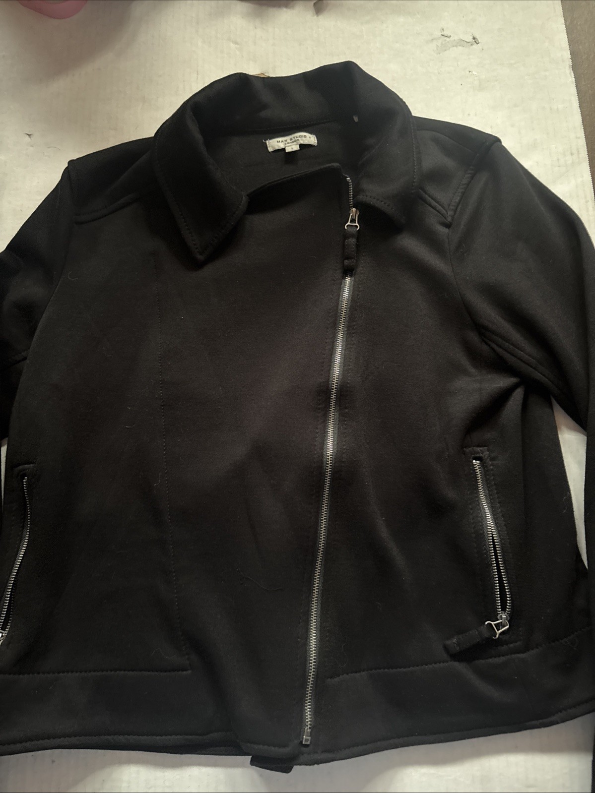 MAX STUDIO LONDON Black Moto Zip Jacket Scuba Short Size Large