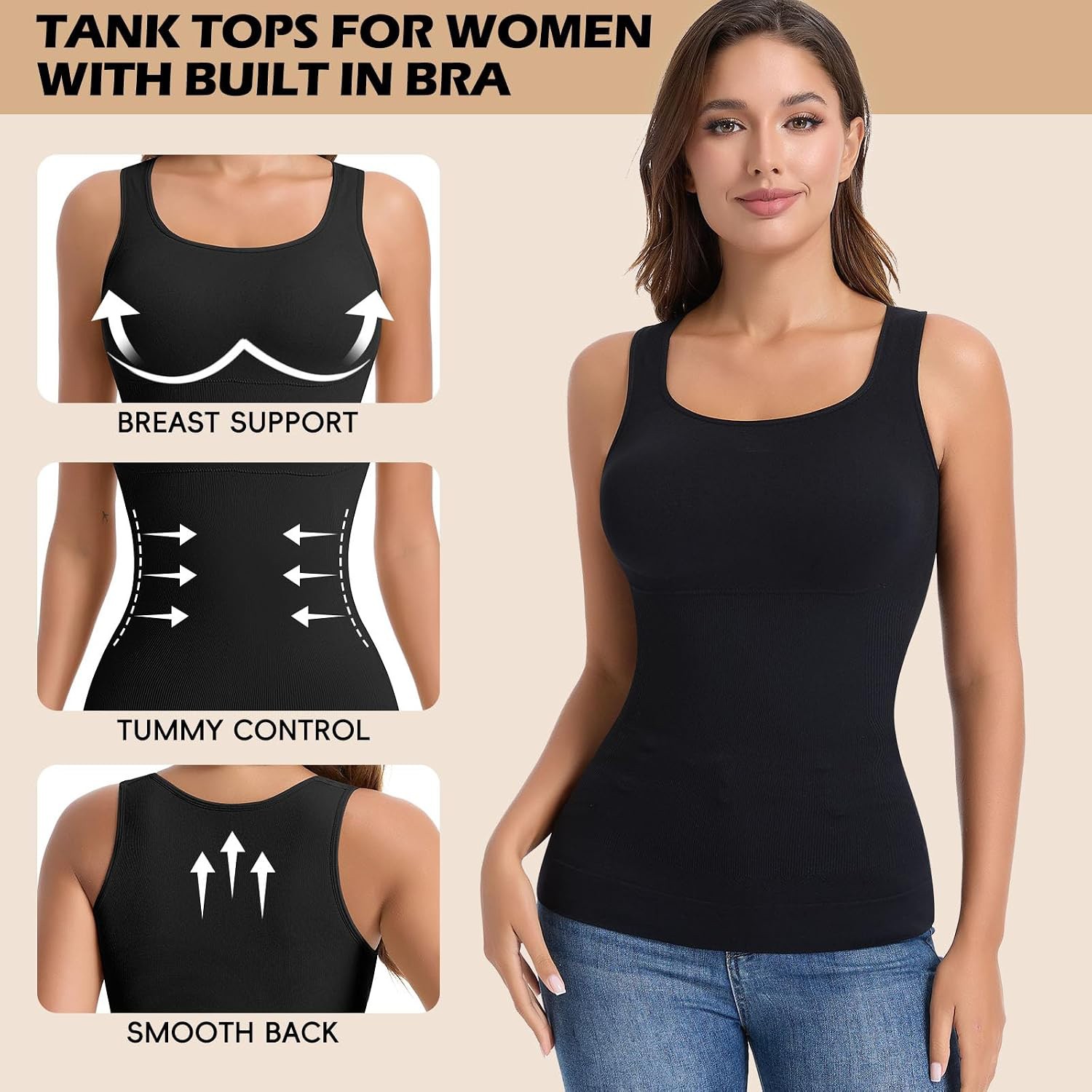 Women Square Neck Camisole Vest Built In Bra Tummy Control Slimming Body Shaper