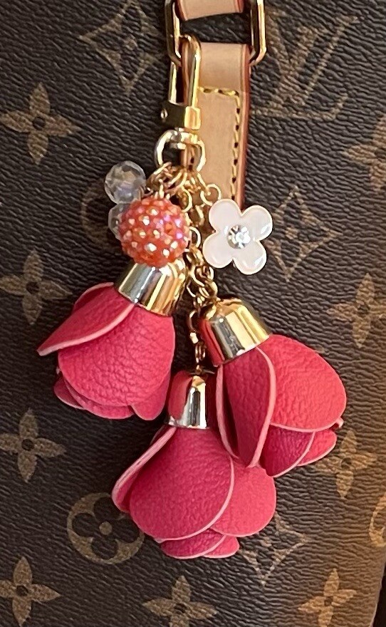 WATERMELON RED REDDISH PINK LEATHER ROSE TASSEL DISCO BALL RHINESTONE BAG CHARM