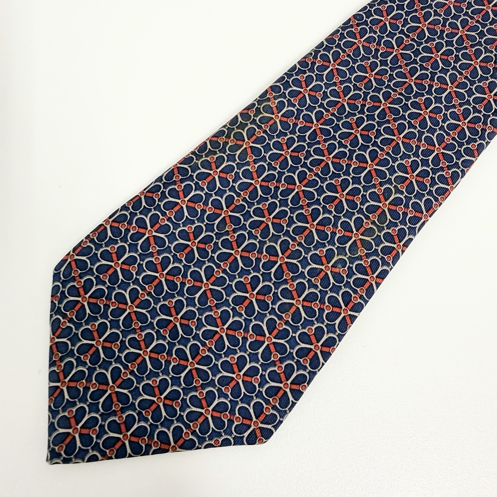 Hermes Men’s Tie Honeycomb Bridle Clover Chain Navy/Red 7078 OA 3 1/8″ x 55″ guc