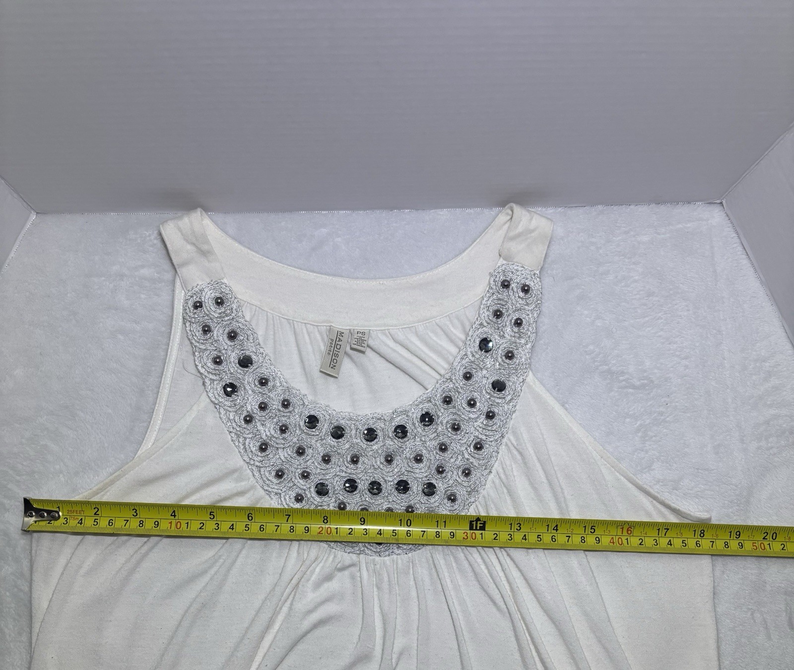 Madison Petite White Tank Top Embellished Silver Beads & Gray Stones Neckline