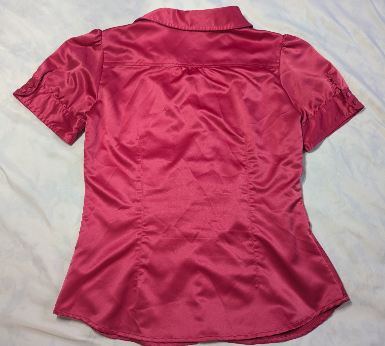 H&M Women’s Pink Satin Peter Pan Collar Puff Sleeve Button Front Blouse Size 10