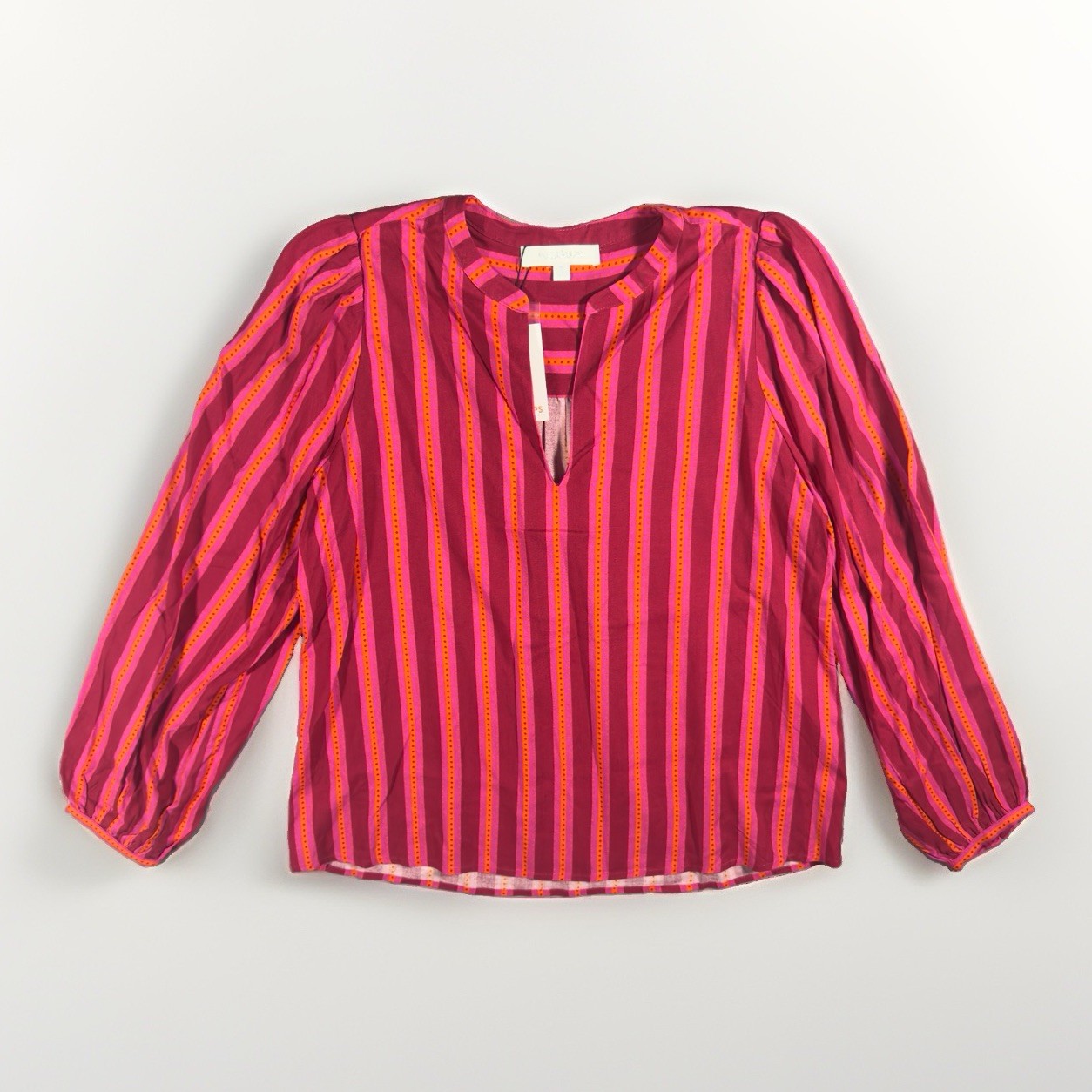 Sugar Lips Striped Blouse Womens Medium Pink Orange Puff Sleeve Rayon NWT