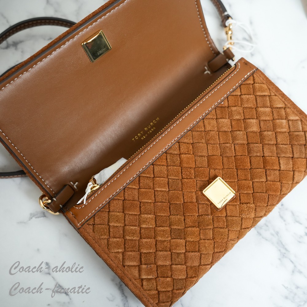 Tory Burch Thea Woven Suede Flat Wallet Crossbody in Chicory Brown NWT