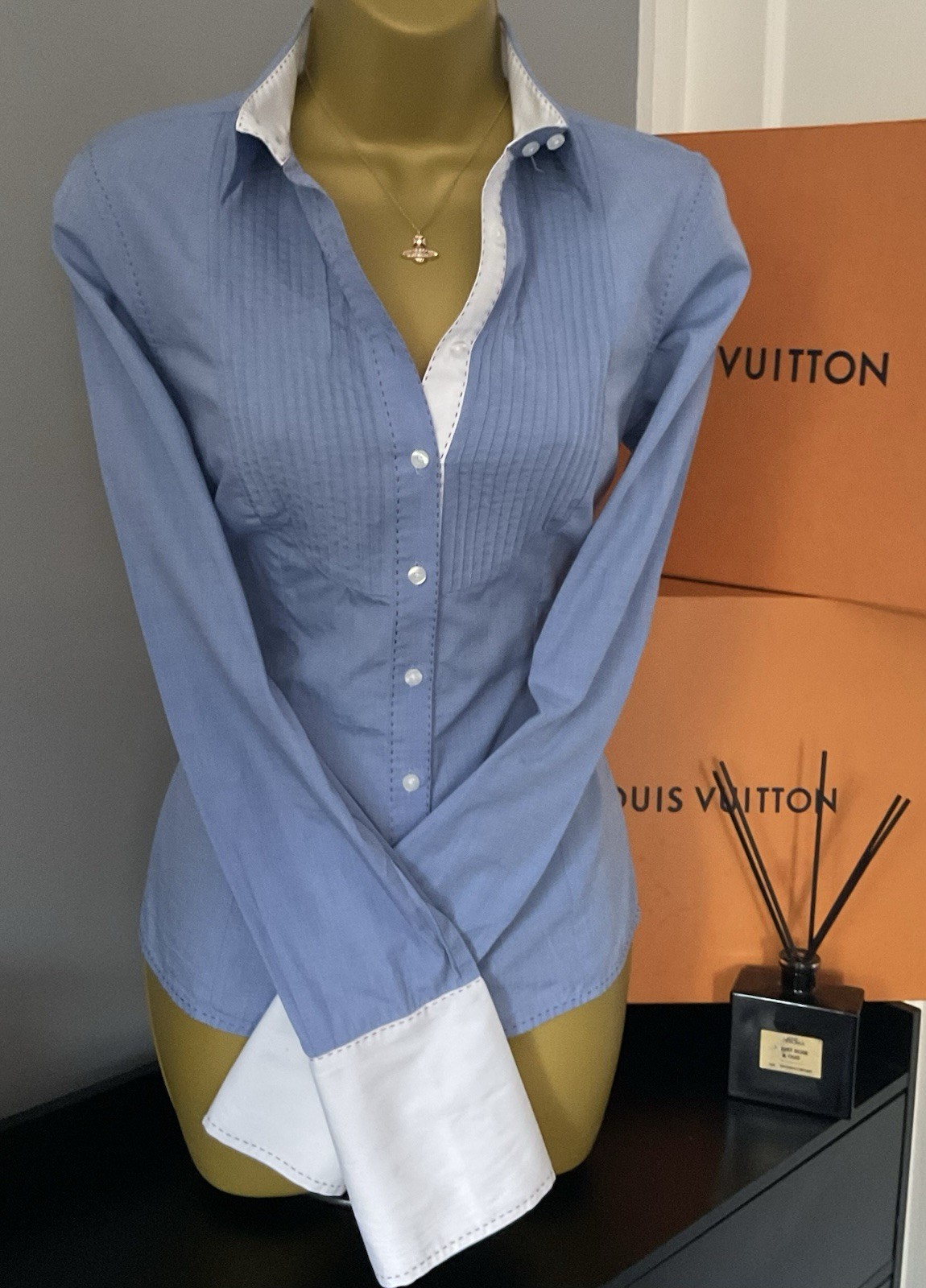 Pristine Thomas Pink Blue Fitted Pleated Tuxedo double Cuff Shirt Stunning UK 10