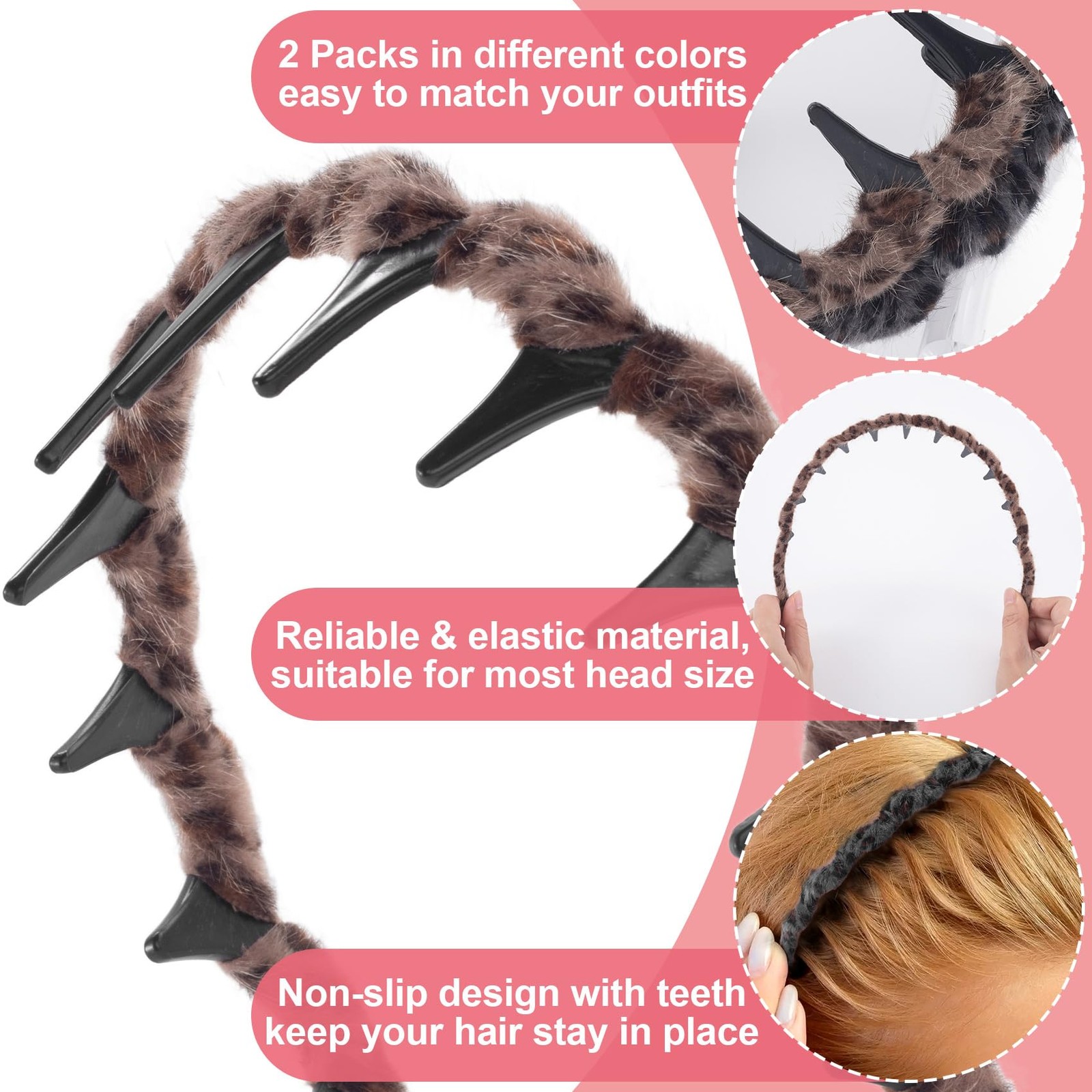 2 Pcs Leopard Headband With Teeth Comfort Comb Plastic Non Slip Hairband