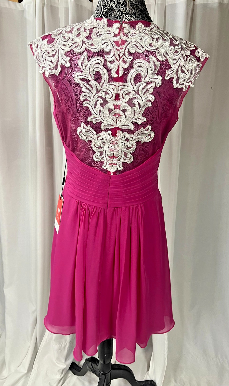NWT JJ’s House Fuchsia Pink V-Neck Chiffon Cocktail Dress with Lace Appliques