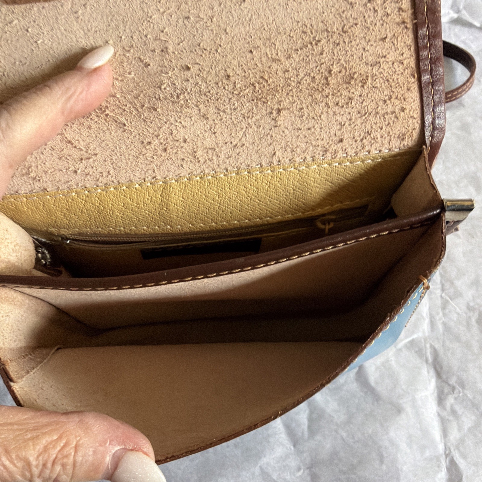 Vera Pelle Leather Crossbody Saddle Bag Genuine Italian Small Teal Blue/Brown