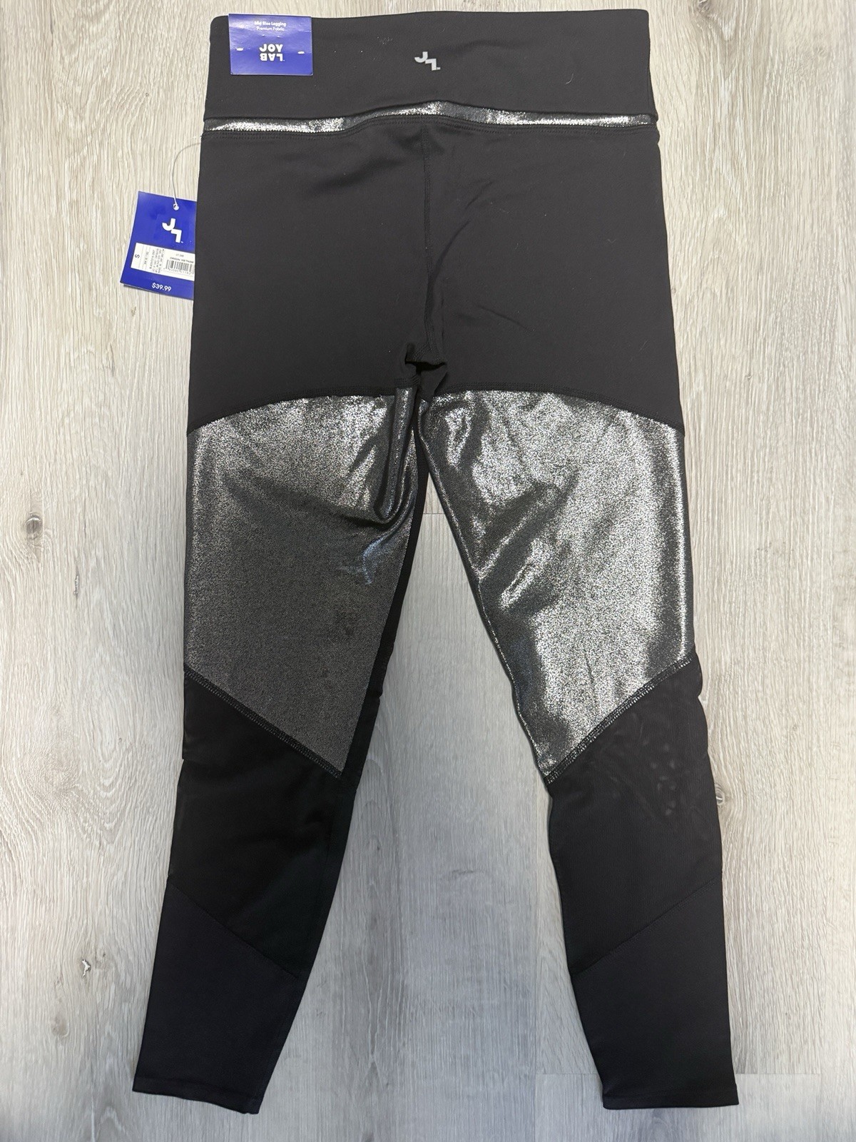 JoyLab Black Leggings with Metallic Silver & Mesh Accents 7/8 Length NWT Small
