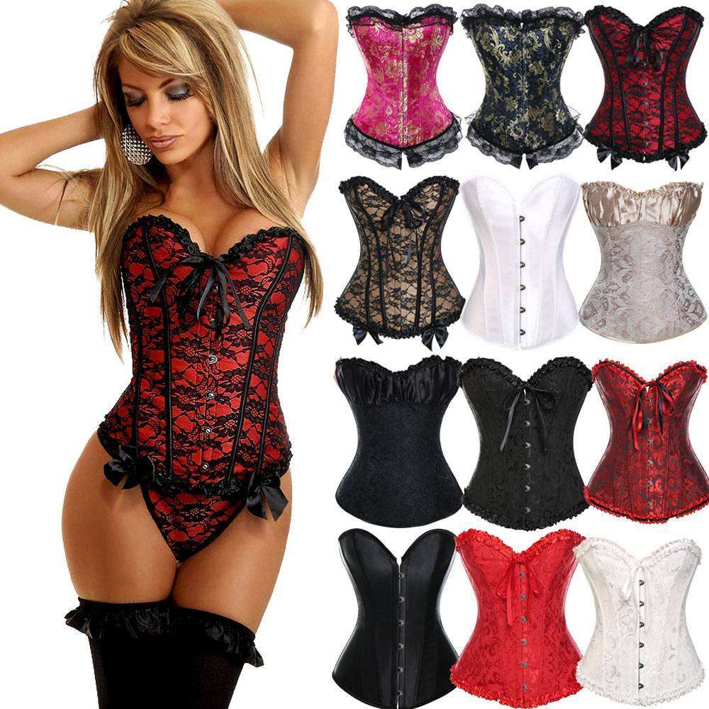 Women Lace Up Boned Bustier Corset Overbust Burlesque Lingerie Waist Trainer ADJ